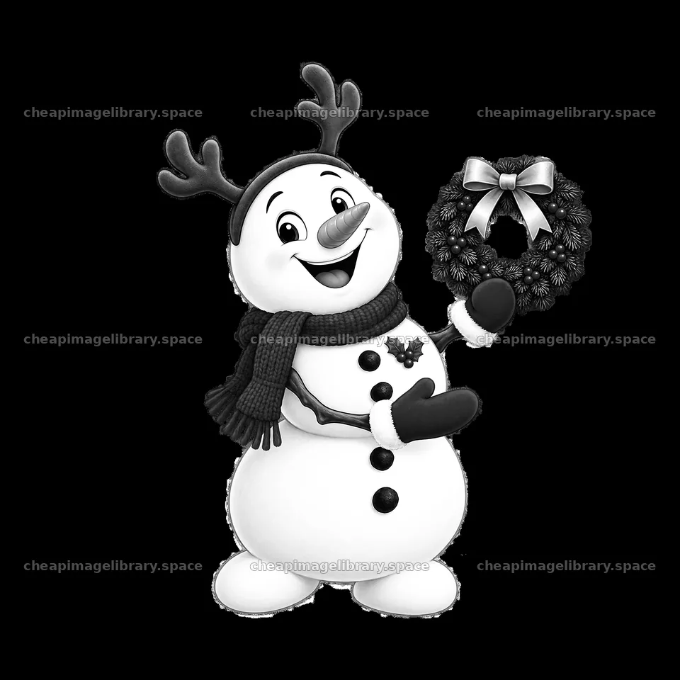 Christmas snowman with reindeer antlers holding a wreath – image library 7746x7746