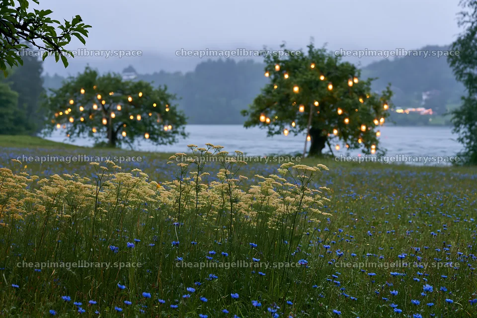 Christmas meadow with apple trees and lanterns by Lake Bled – image library 9722x6480