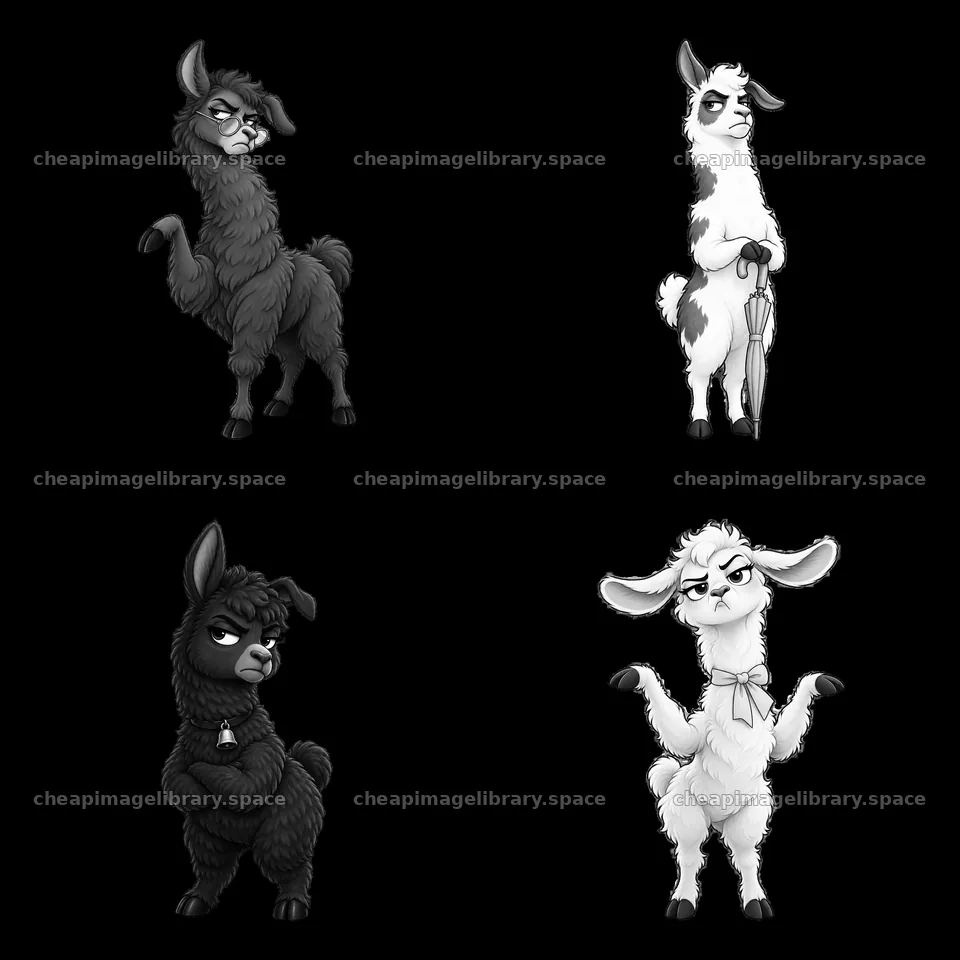 Grumpy cartoon llamas in a 2x2 arrangement – image library 7746x7746