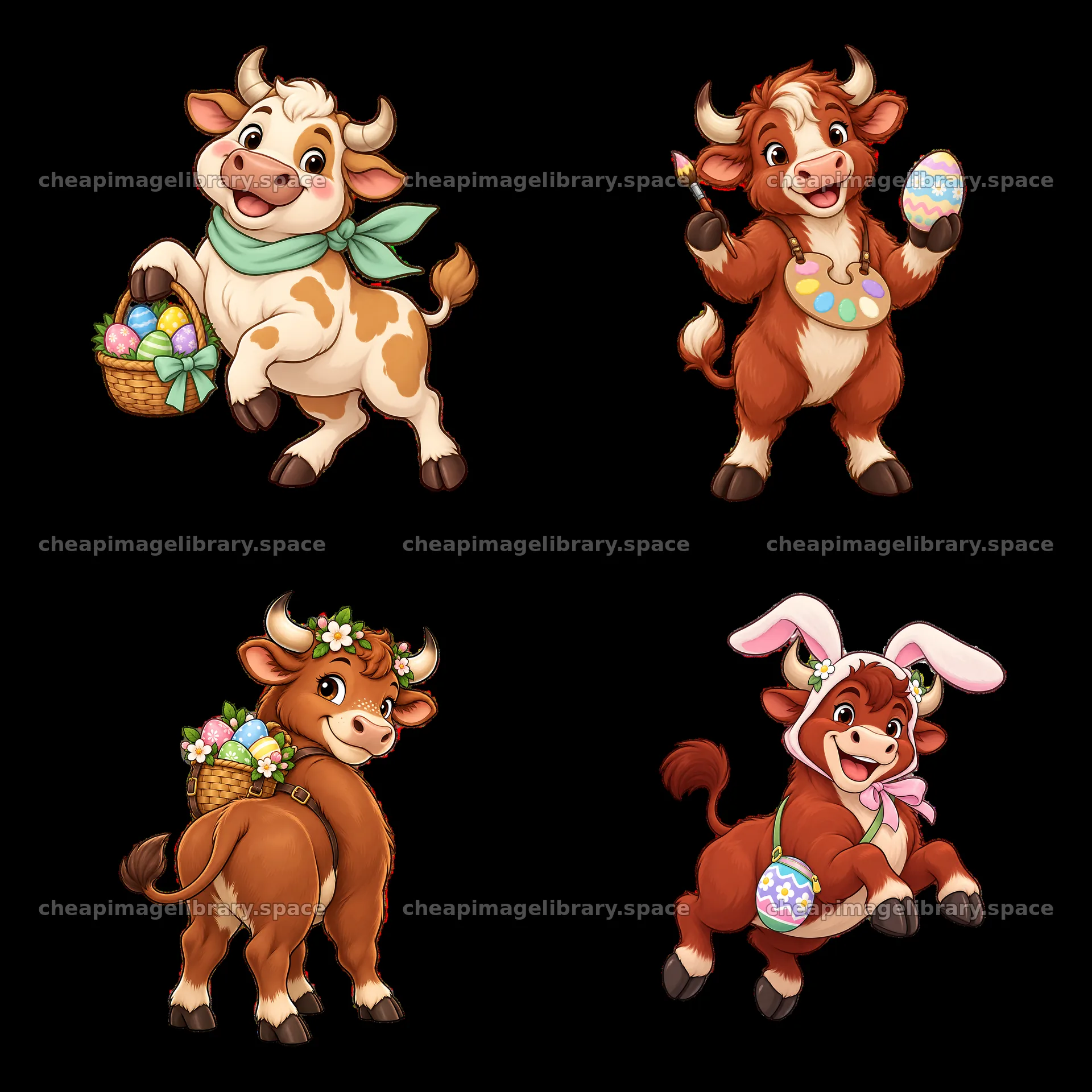 Easter ox characters with baskets, eggs, and spring accessories – image library 7746x7746