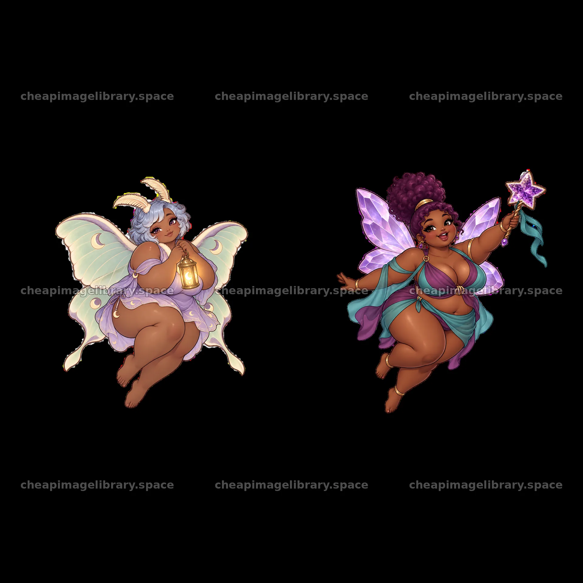 Kawaii ultra-fat fairies holding a lantern and a star wand – image library 7746x7746