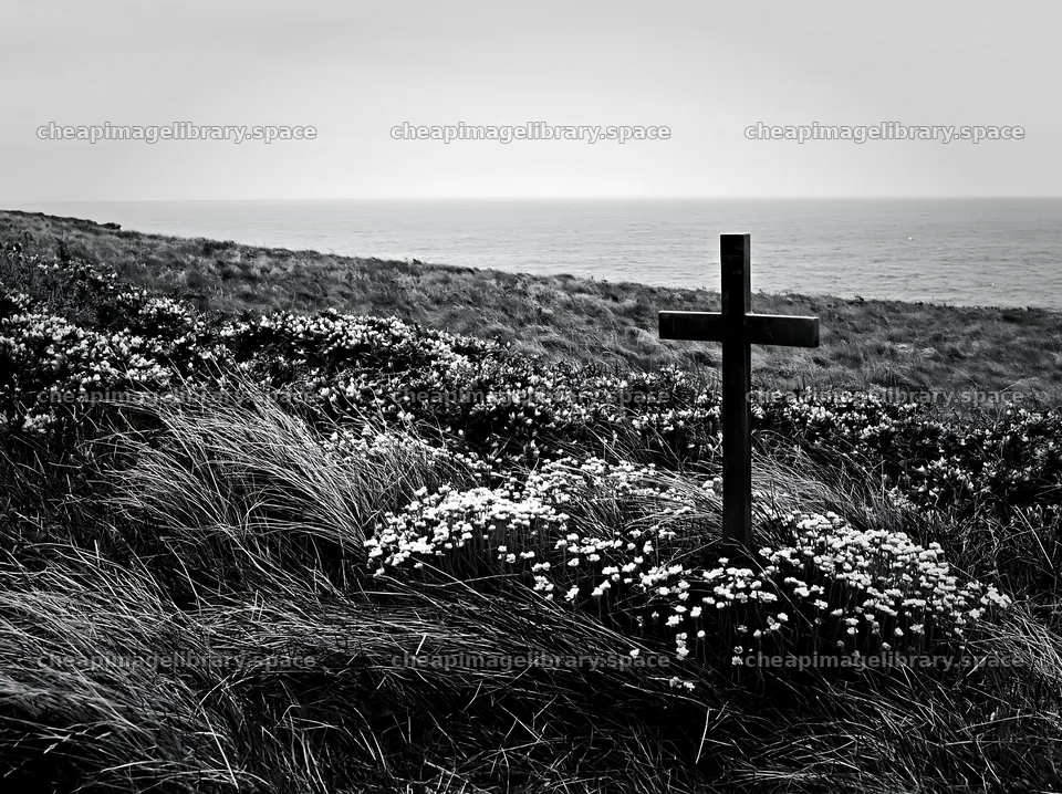 Christian cross in meadow by the sea during Christmas time – image library 9174x6866