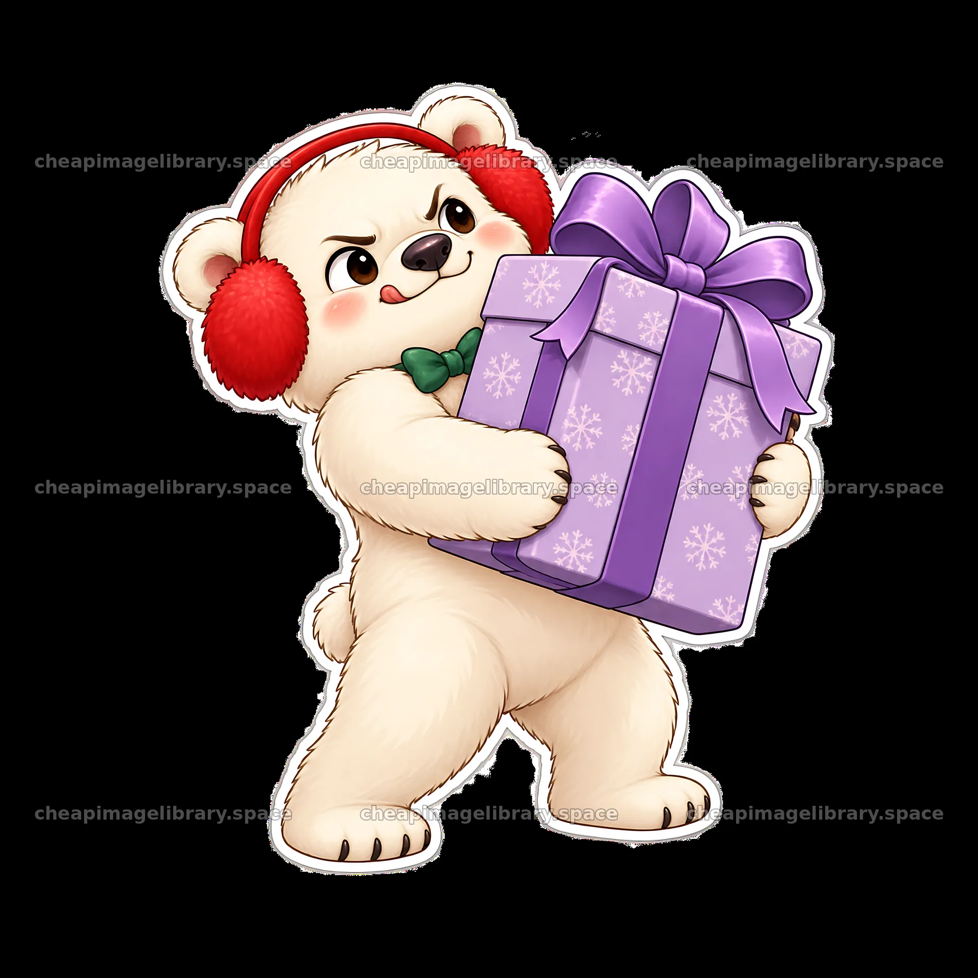 Cute cartoon polar bear holding a purple Christmas gift box – image library 7746x7746