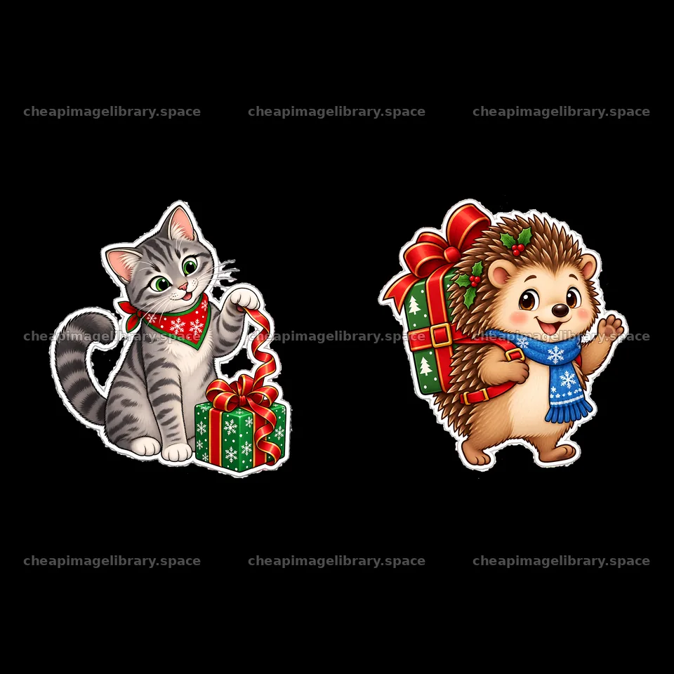 Cat and hedgehog celebrating Christmas with presents – image library 7746x7746