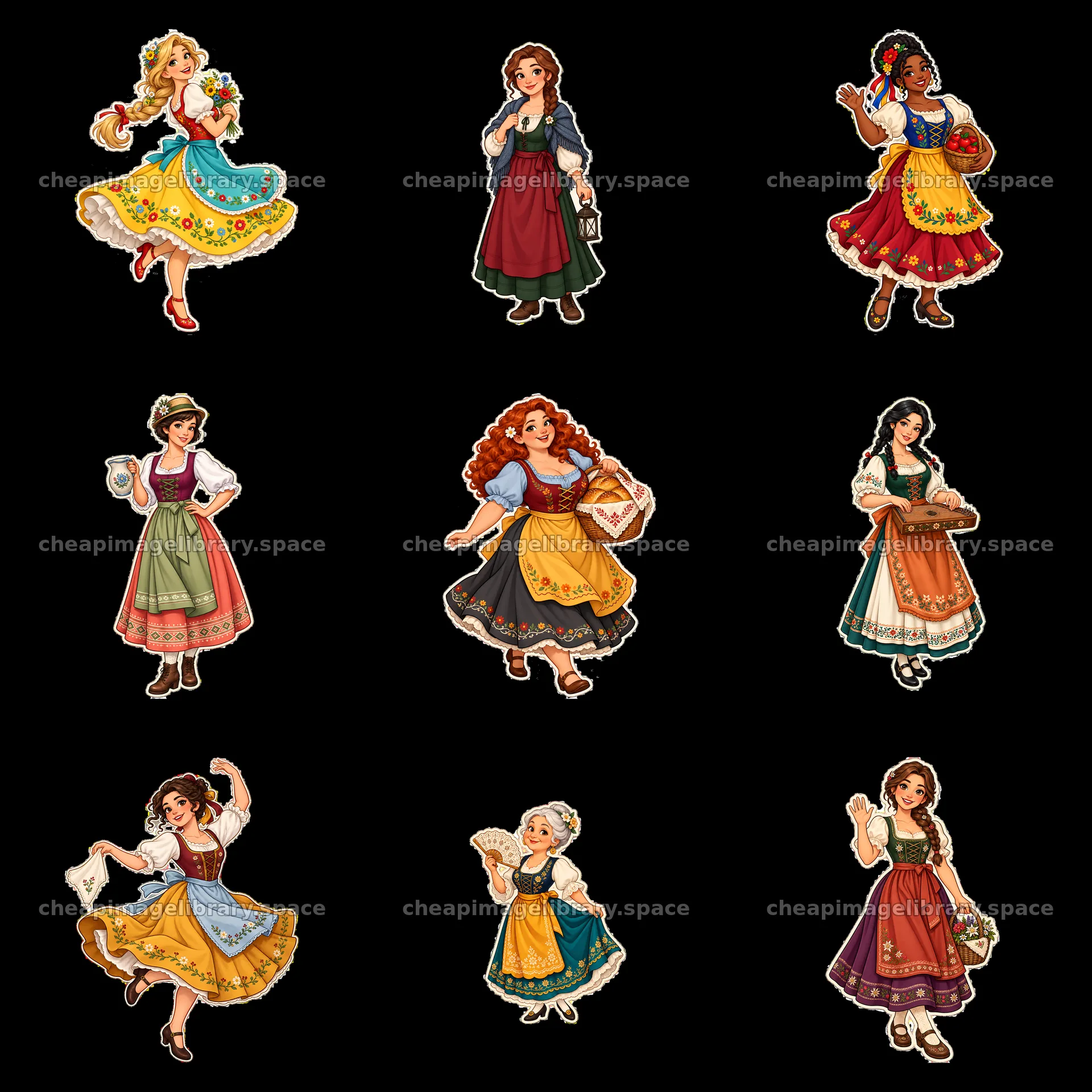 Women in traditional folk dresses with colorful patterns – image library 7746x7746