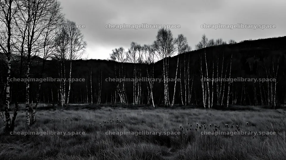 Birch forest meadow under cloudy sky – image library 10608x5938