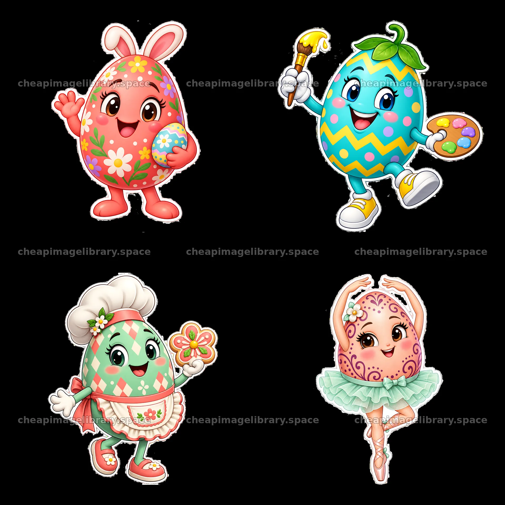 Colorful cartoon Easter eggs with playful characters and props – image library 7746x7746