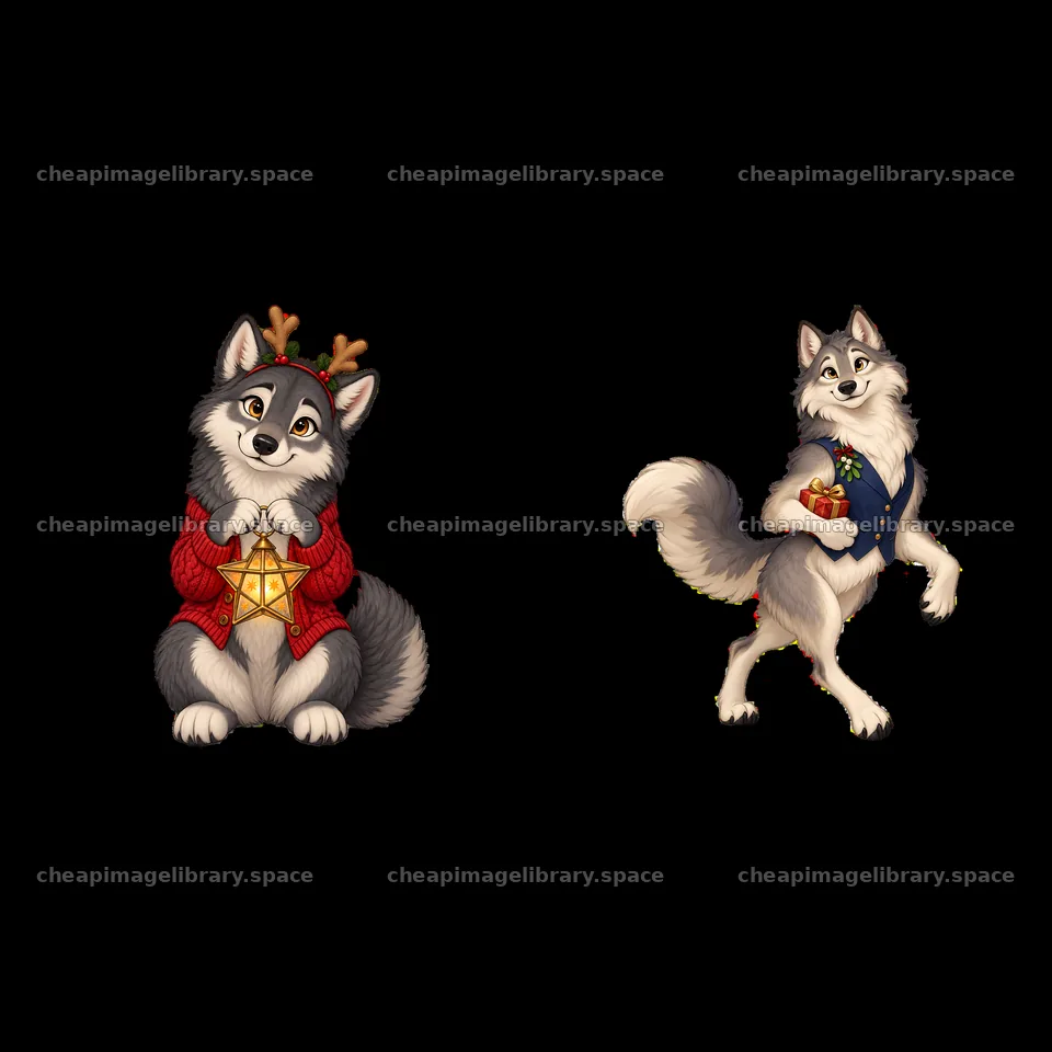 Christmas wolf characters with decorations and festive attire – image library 7746x7746