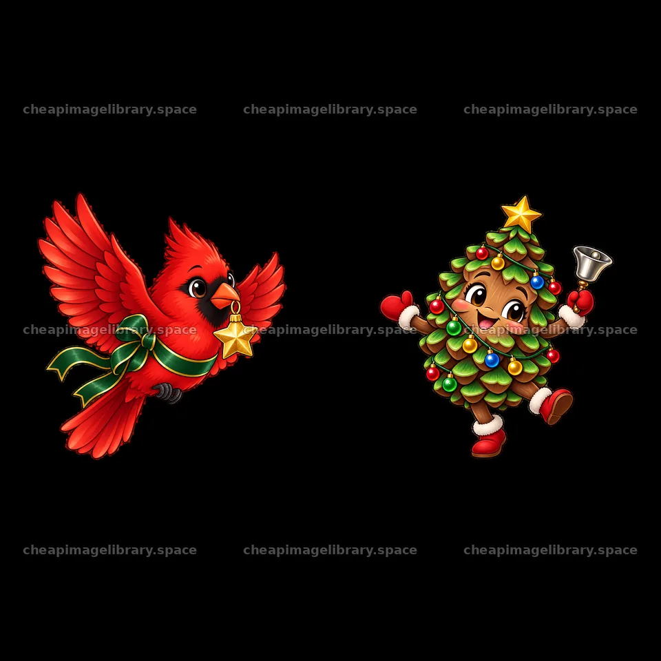 Cardinal bird carrying a star with a cheerful Christmas tree – image library 7746x7746