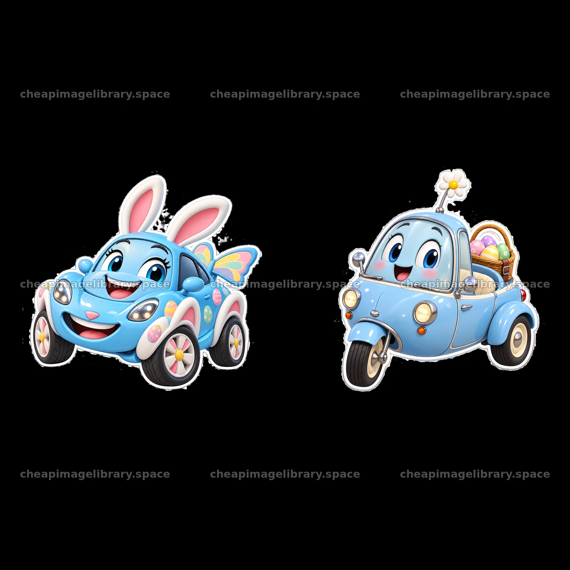 Easter-themed cartoon cars with bunny and basket designs – image library 7746x7746