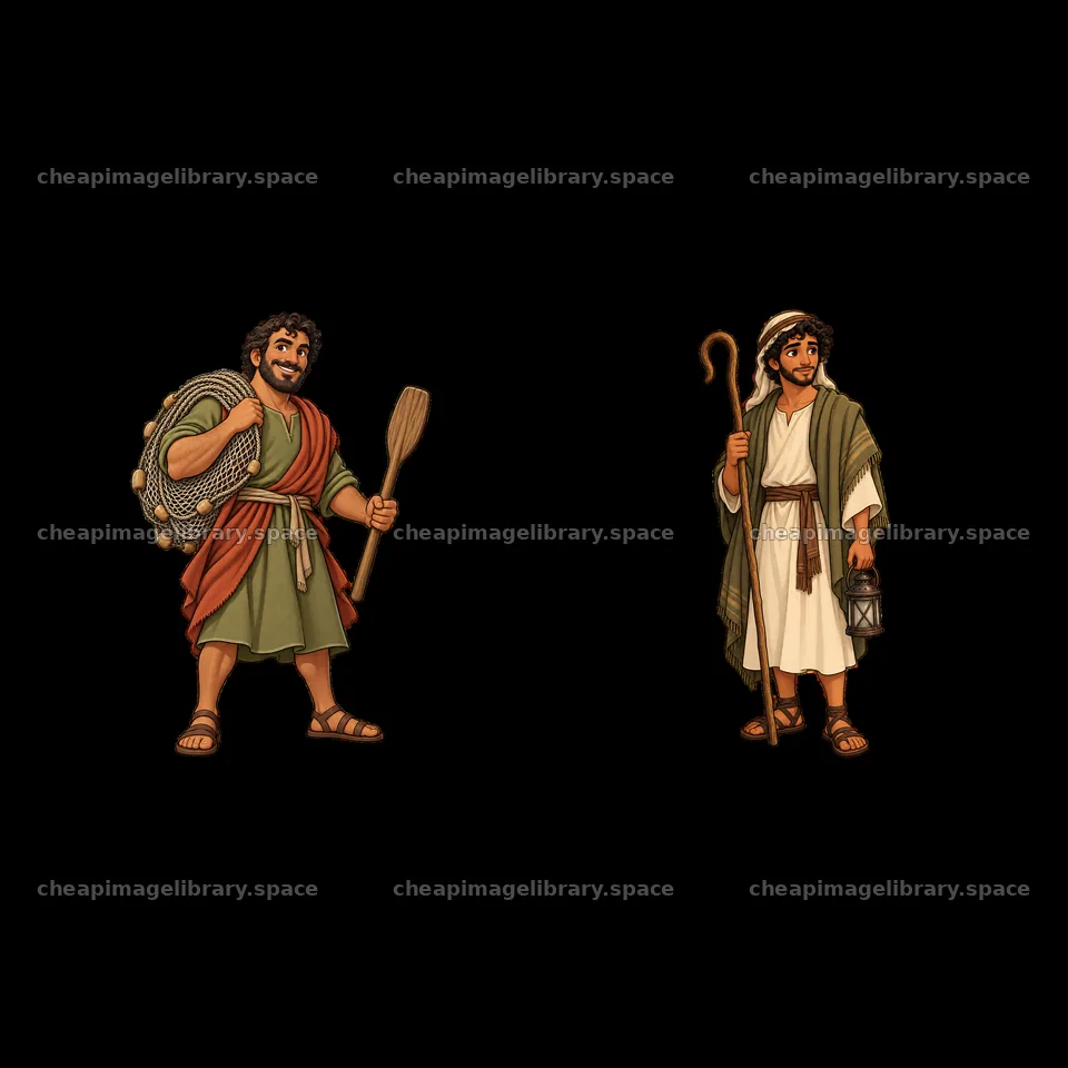 Two cartoon figures depicting Jesus with a basket and a staff – image library 7746x7746