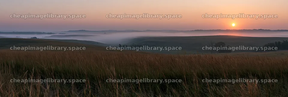 Sunrise over tall grass meadow with mist in the background – image library 13690x4602