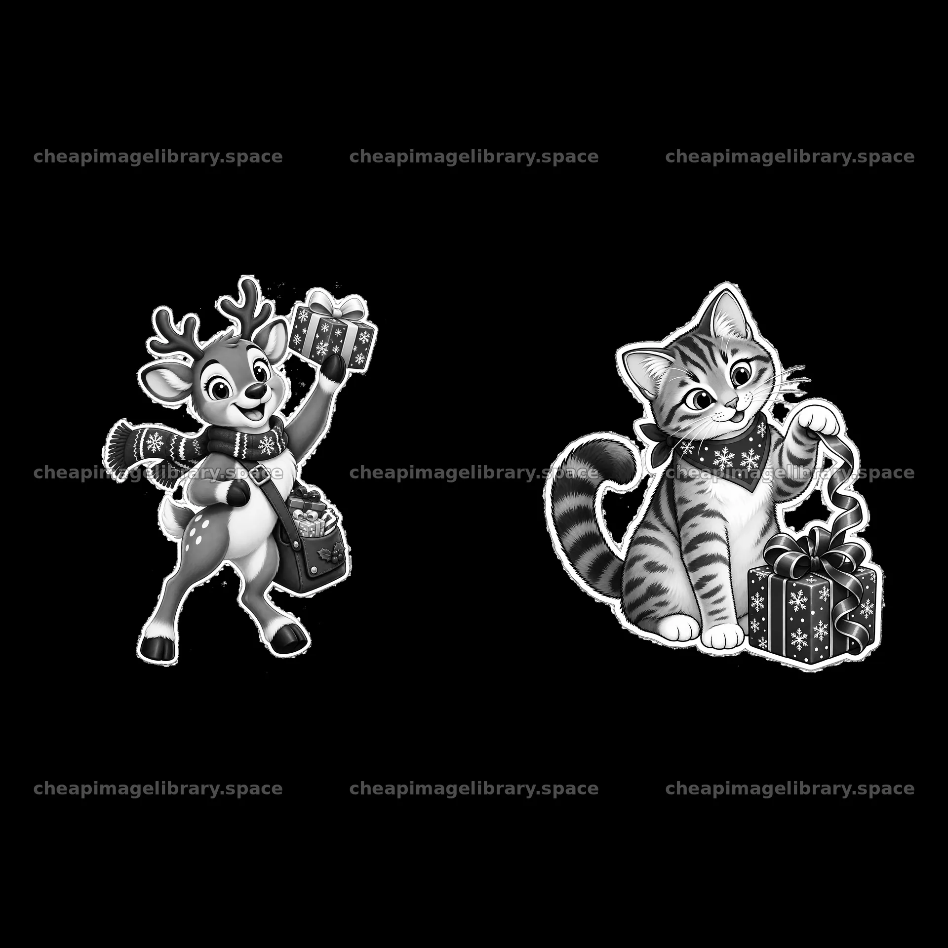 Cute reindeer and cat with Christmas presents in monochrome design – image library 7746x7746