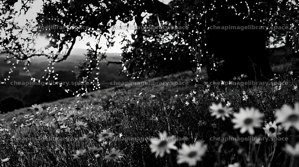 Vibrant Christmas lights hang in a meadow with flowers – image library 10608x5938
