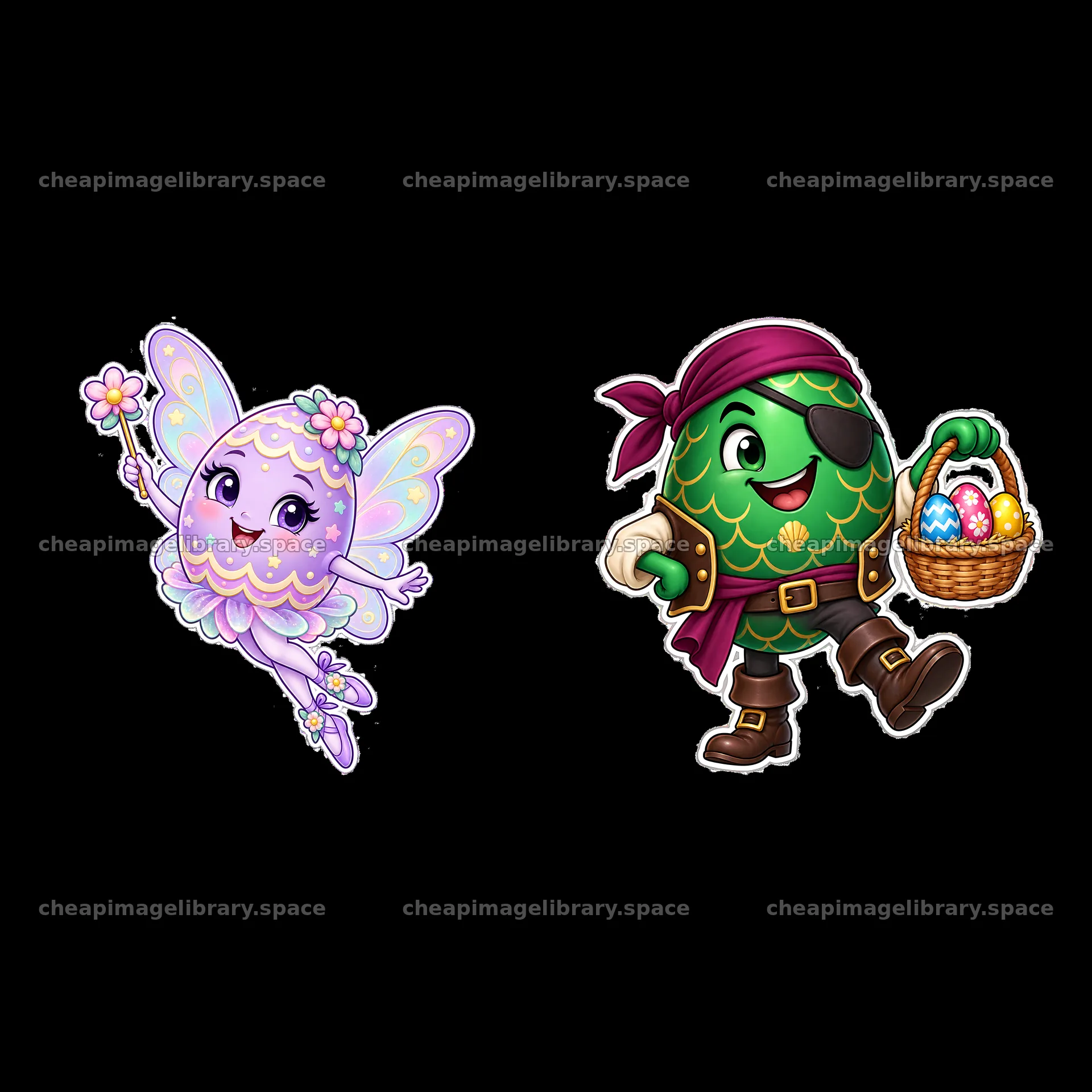 Colorful Easter egg fairy and pirate egg characters for stickers – image library 7746x7746