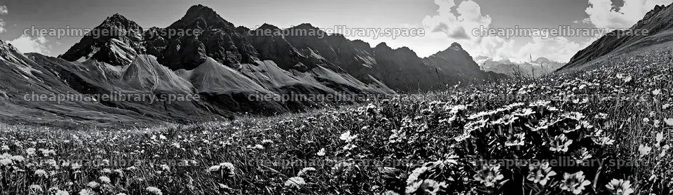 Swiss alpine meadow landscape with flowers and mountains – image library 14762x4268
