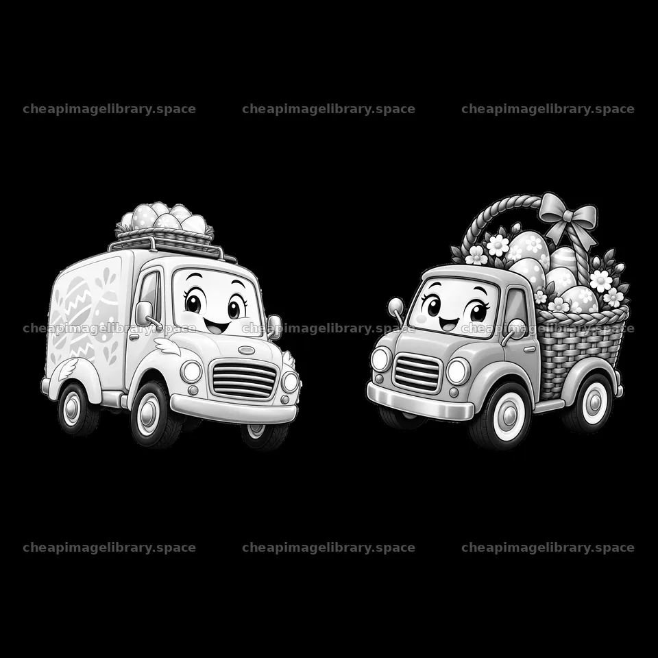 Easter truck with eggs in a basket and decorated delivery truck – image library 7746x7746