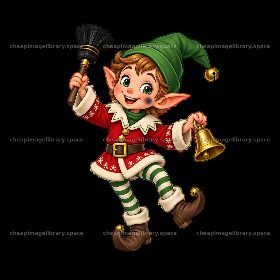 Cute Christmas elf holding a broom and bell near a fireplace – image library 7746x7746