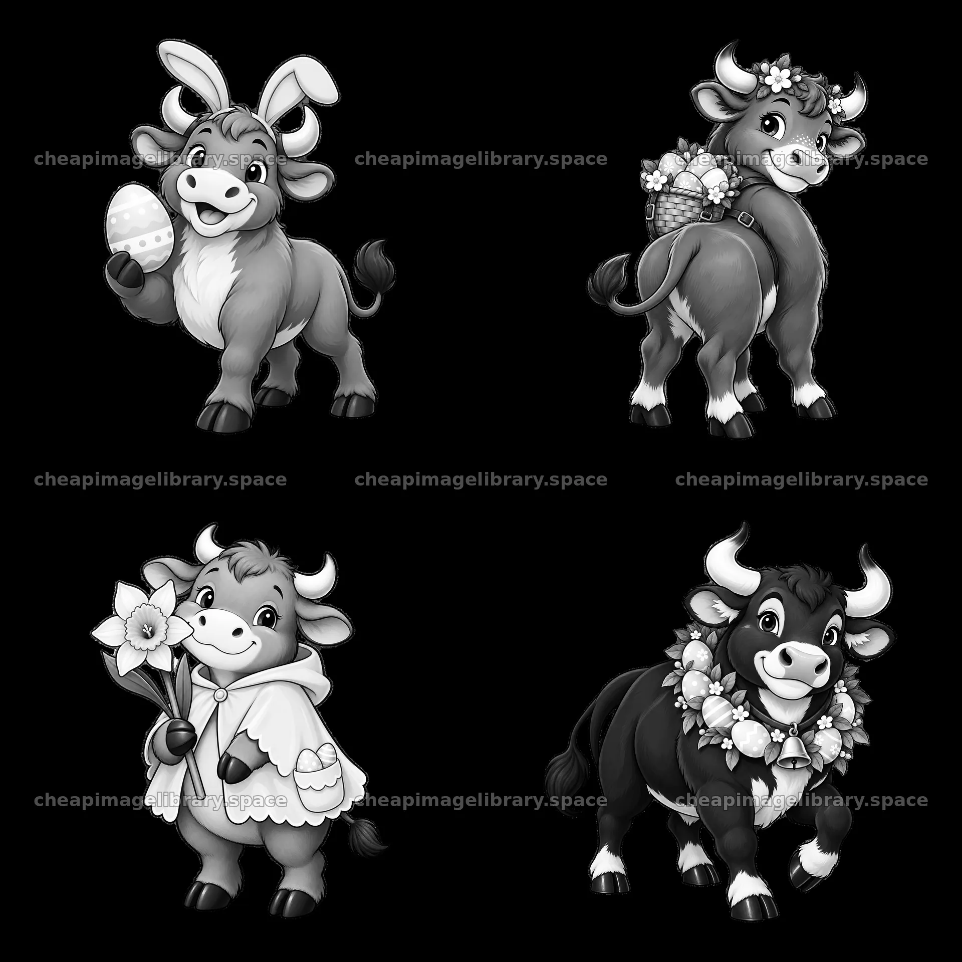 Easter ox characters with eggs, flowers, and decorations – image library 7746x7746
