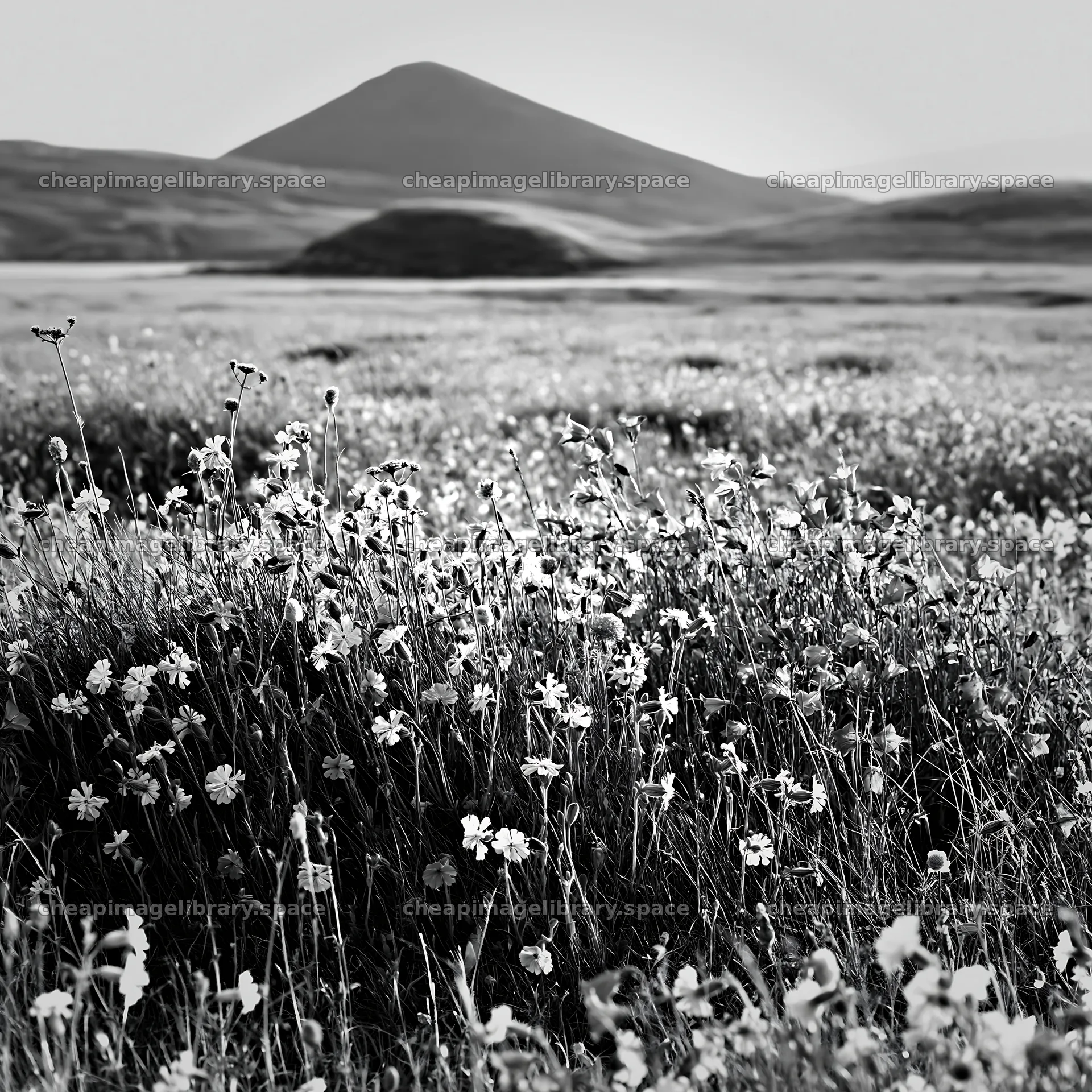 Campion bellflower meadow with mountains in black and white – image library 7938x7938