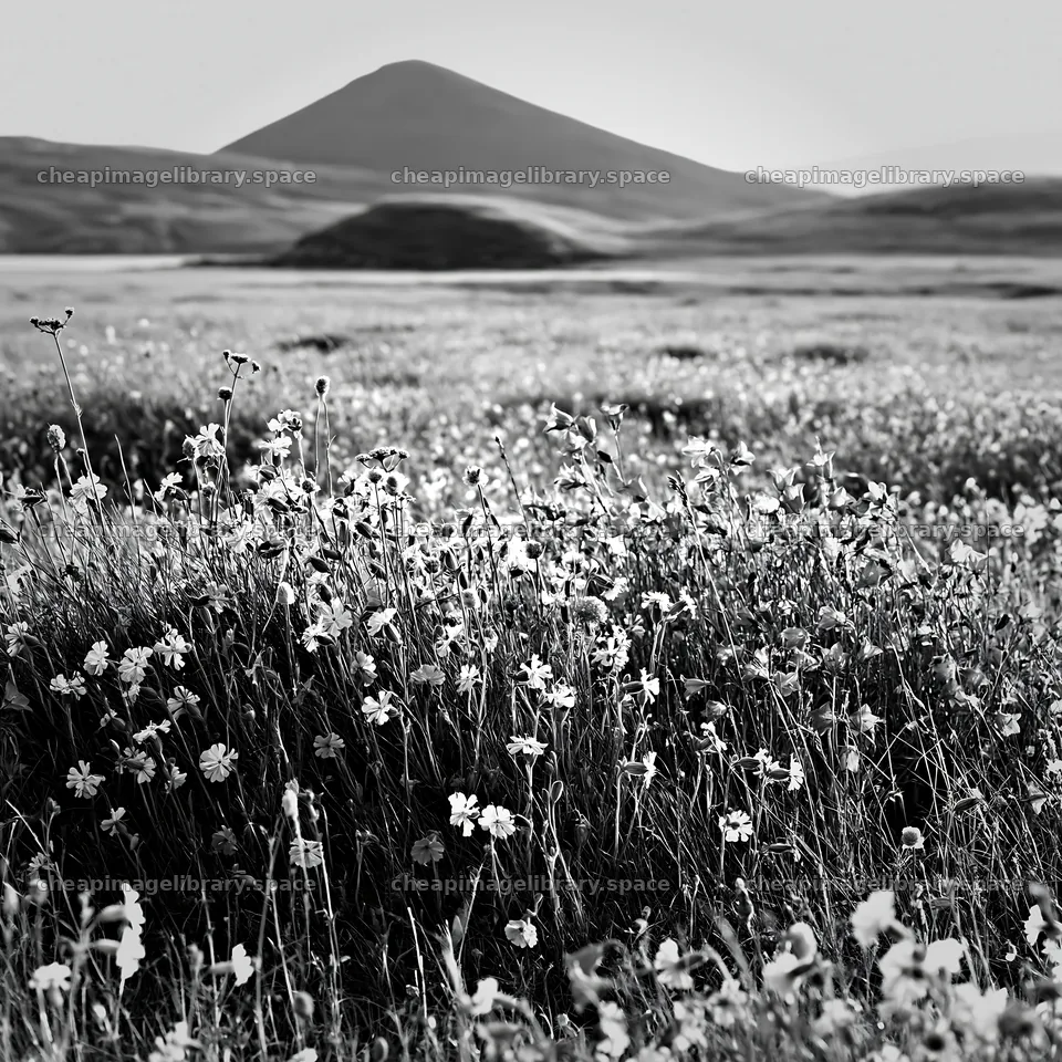 Campion bellflower meadow with mountains in black and white – image library 7938x7938