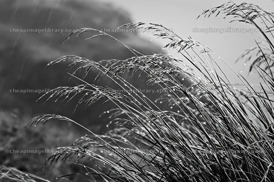 Meadow grass seedheads in rain against a monochrome background – image library 9722x6480