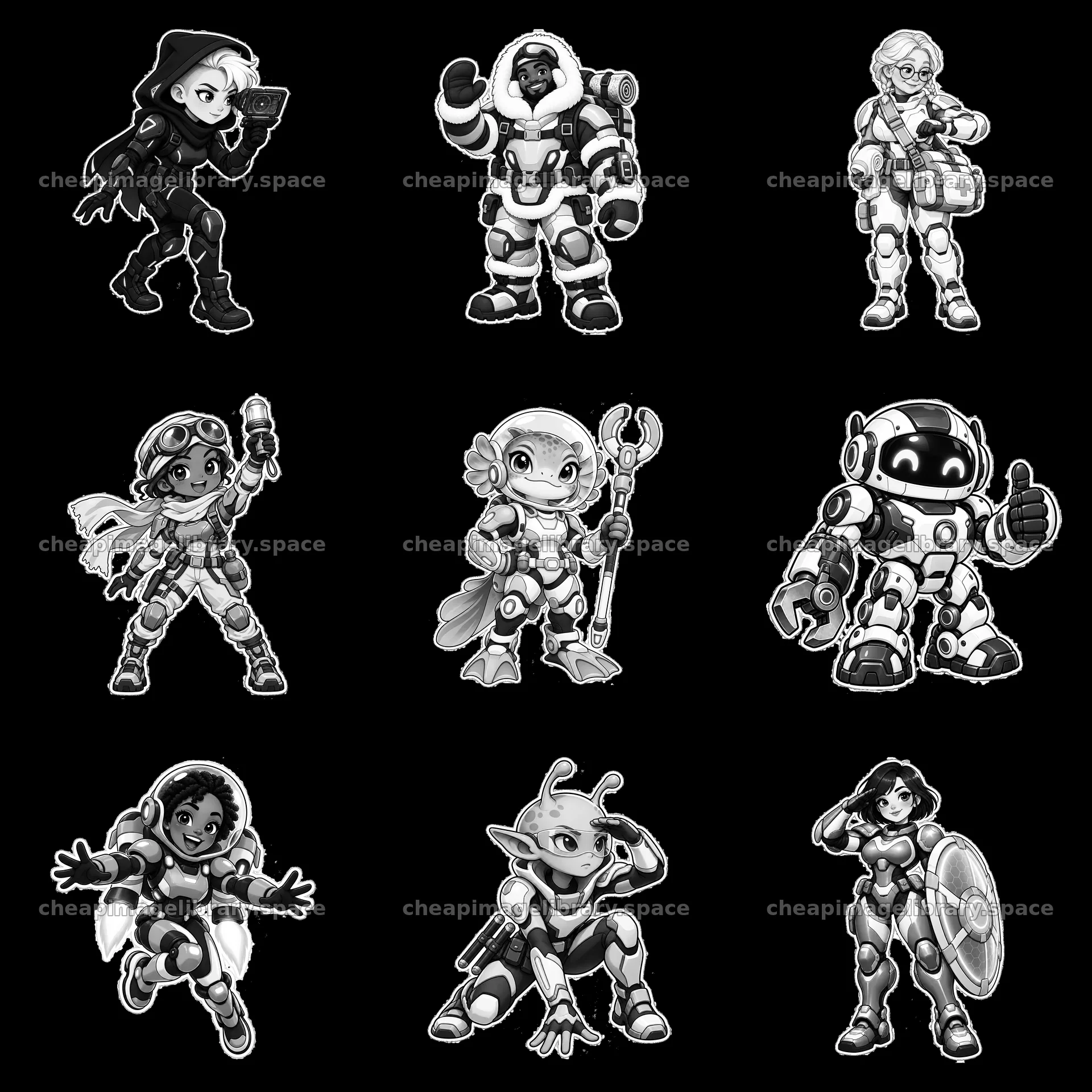 Kawaii futuristic super-soldiers in a 3x3 grid layout – image library 7746x7746