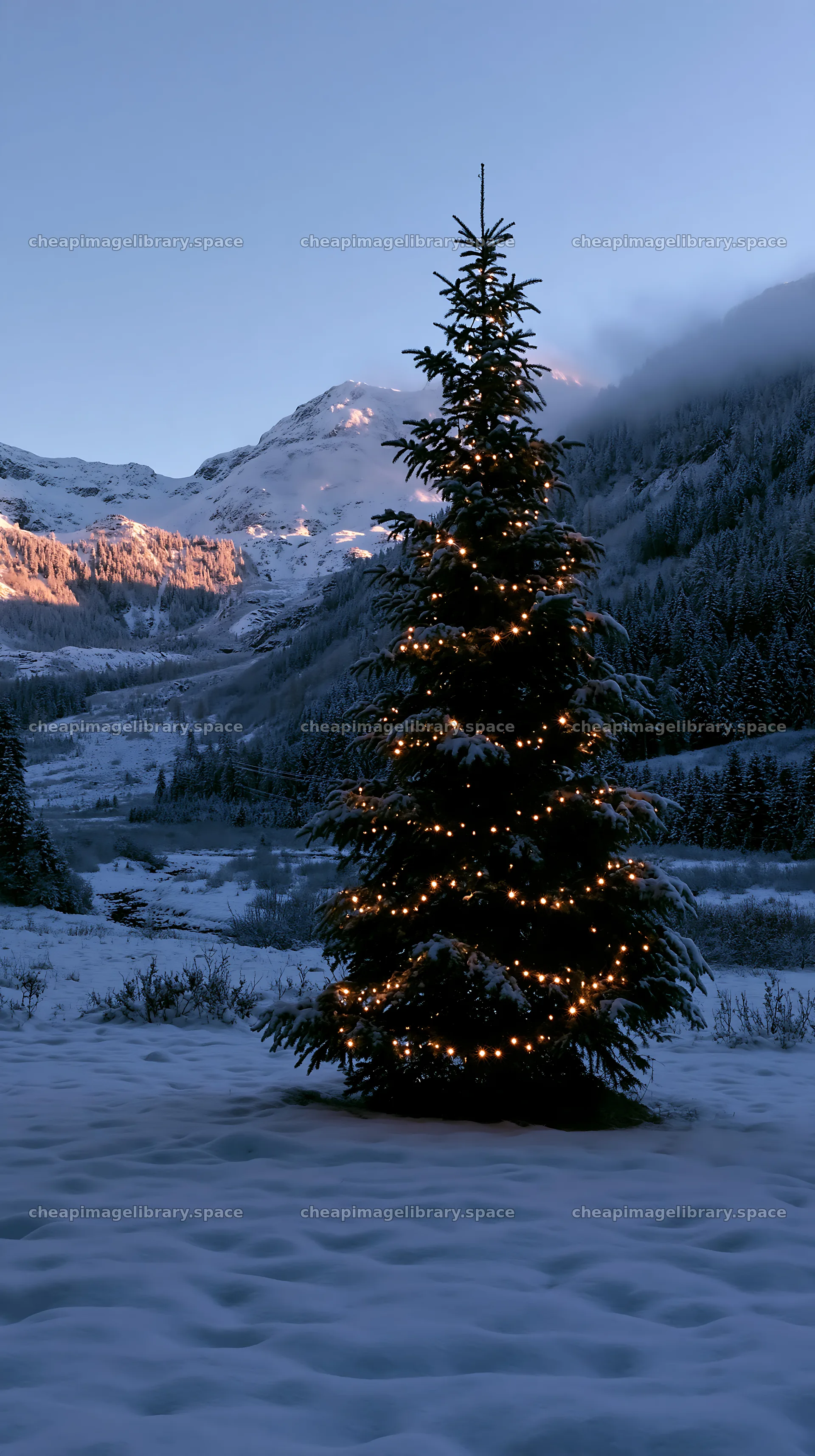 Christmas tree with lights in snowy mountain valley meadow – image library 5938x10608