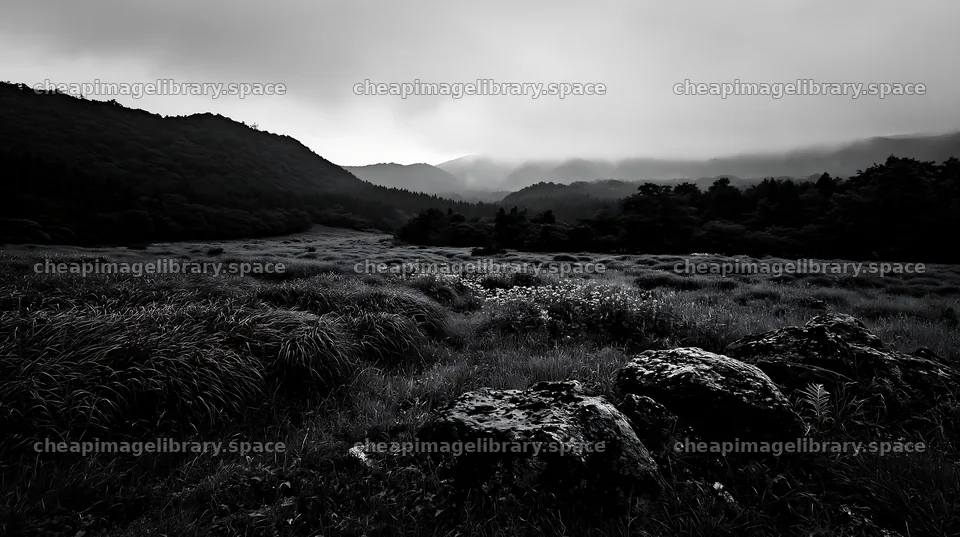 Oita highland meadow with granite stones and green grass – image library 10608x5938