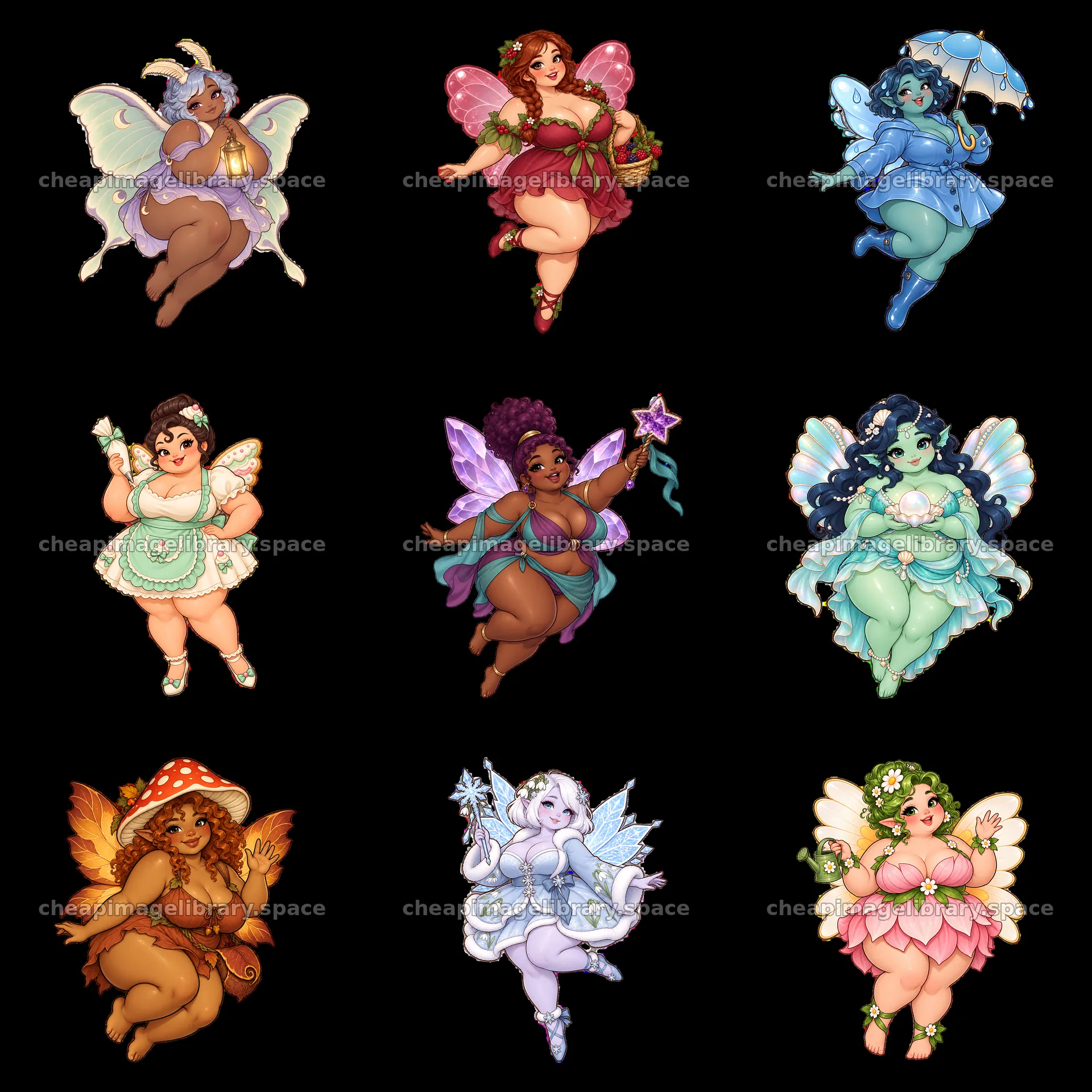 Kawaii ultra-fat fairies in a colorful 3x3 layout sticker set – image library 7746x7746