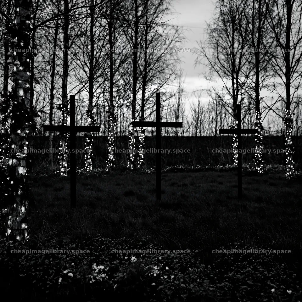 Three iron crosses in Advent meadow with lights – image library 7938x7938