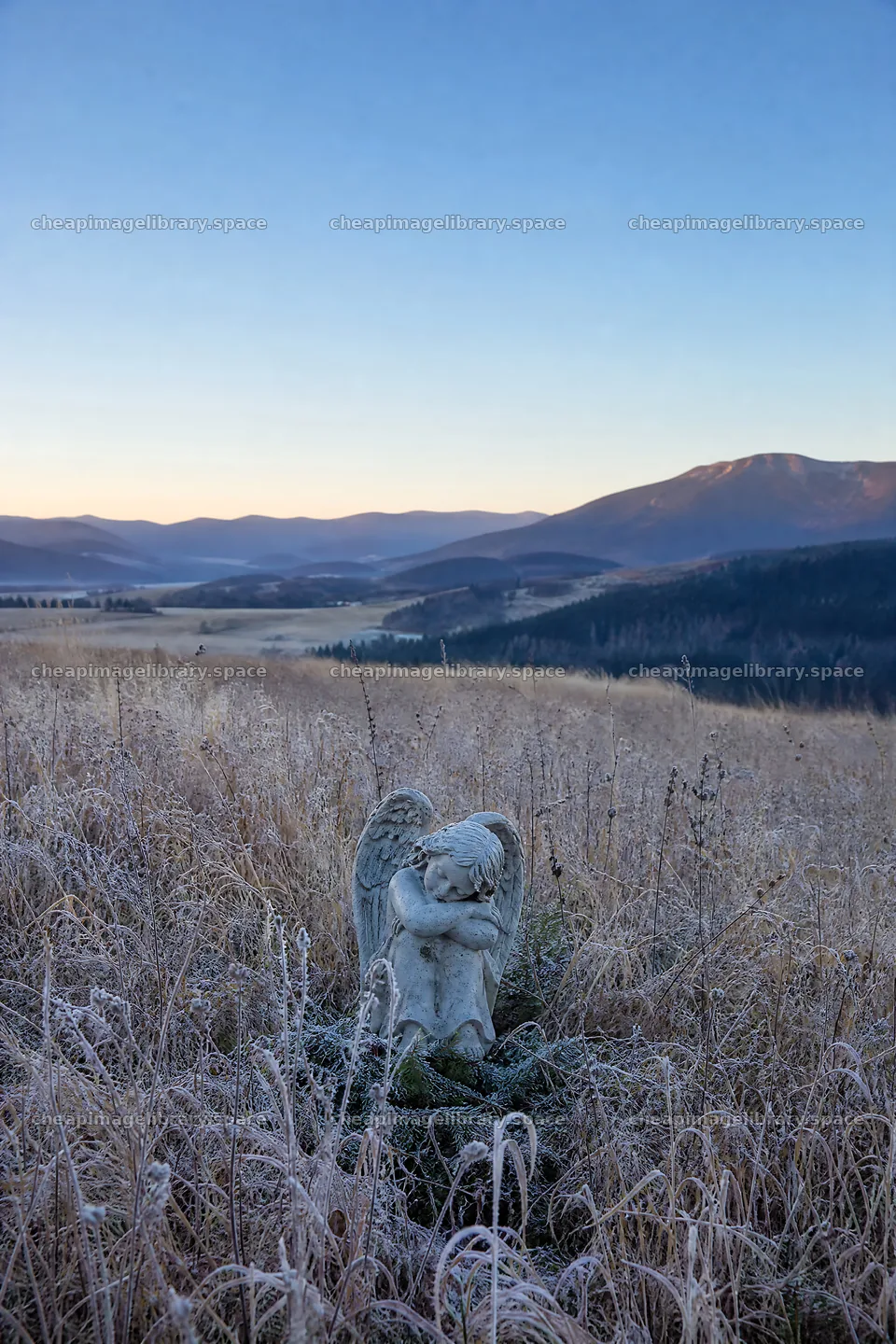 Winter angel statue in a meadow with mountains in the background – image library 6480x9722