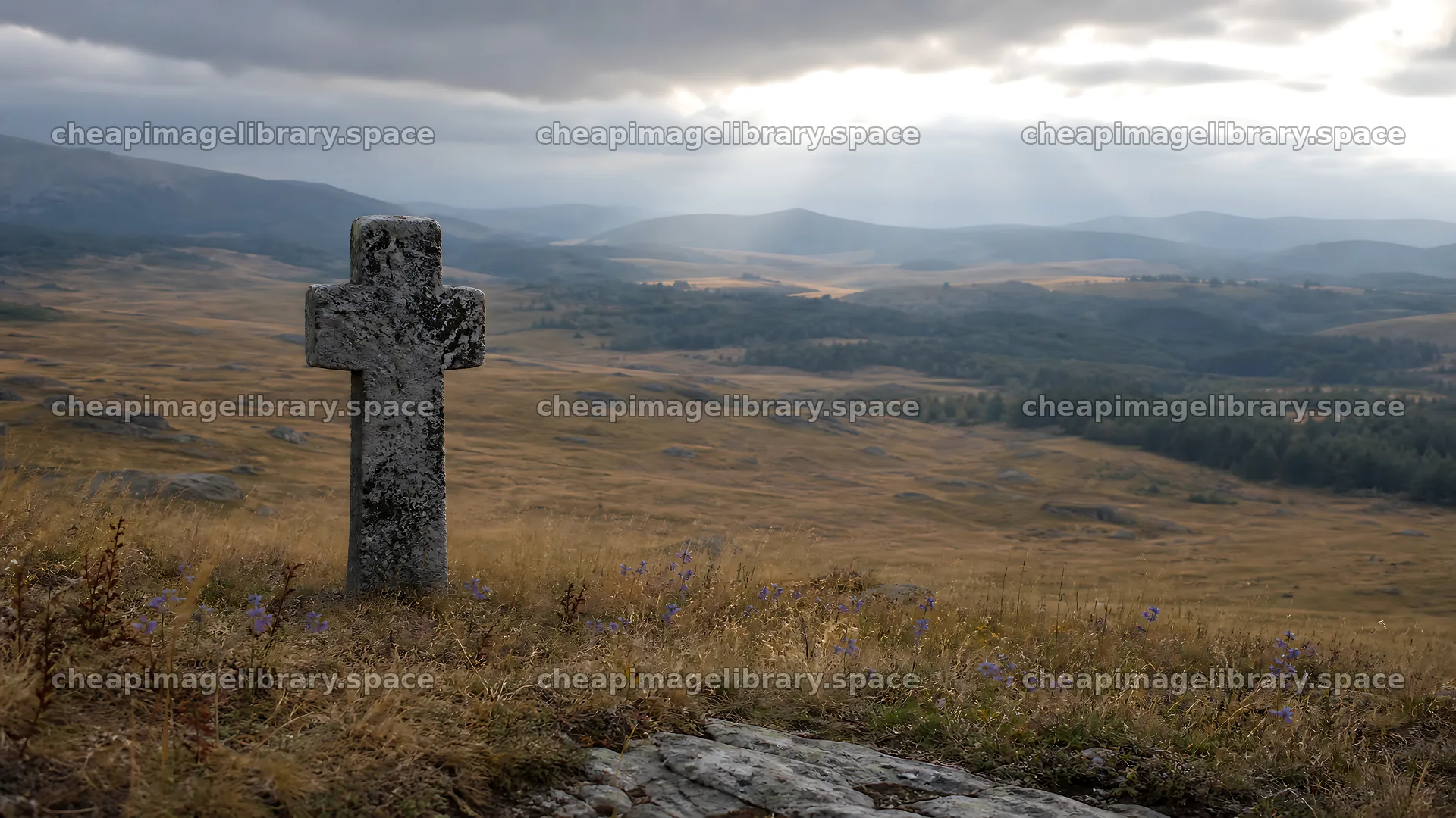 Aged Christian cross in autumn valley meadow – image library 10584x5952