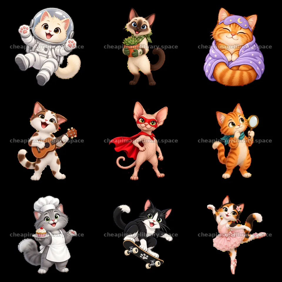 Cute cartoon cats in various fun costumes and activities – image library 7746x7746