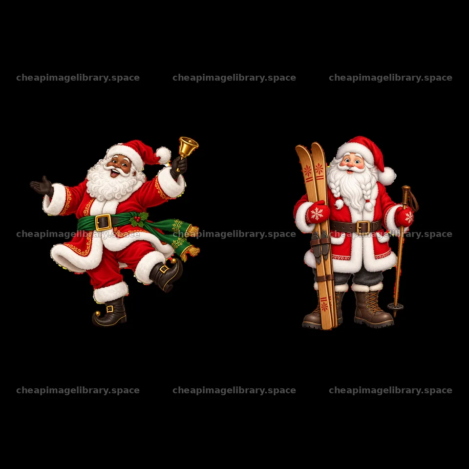 Santa Claus celebrating and skiing in two cartoon designs – image library 7746x7746