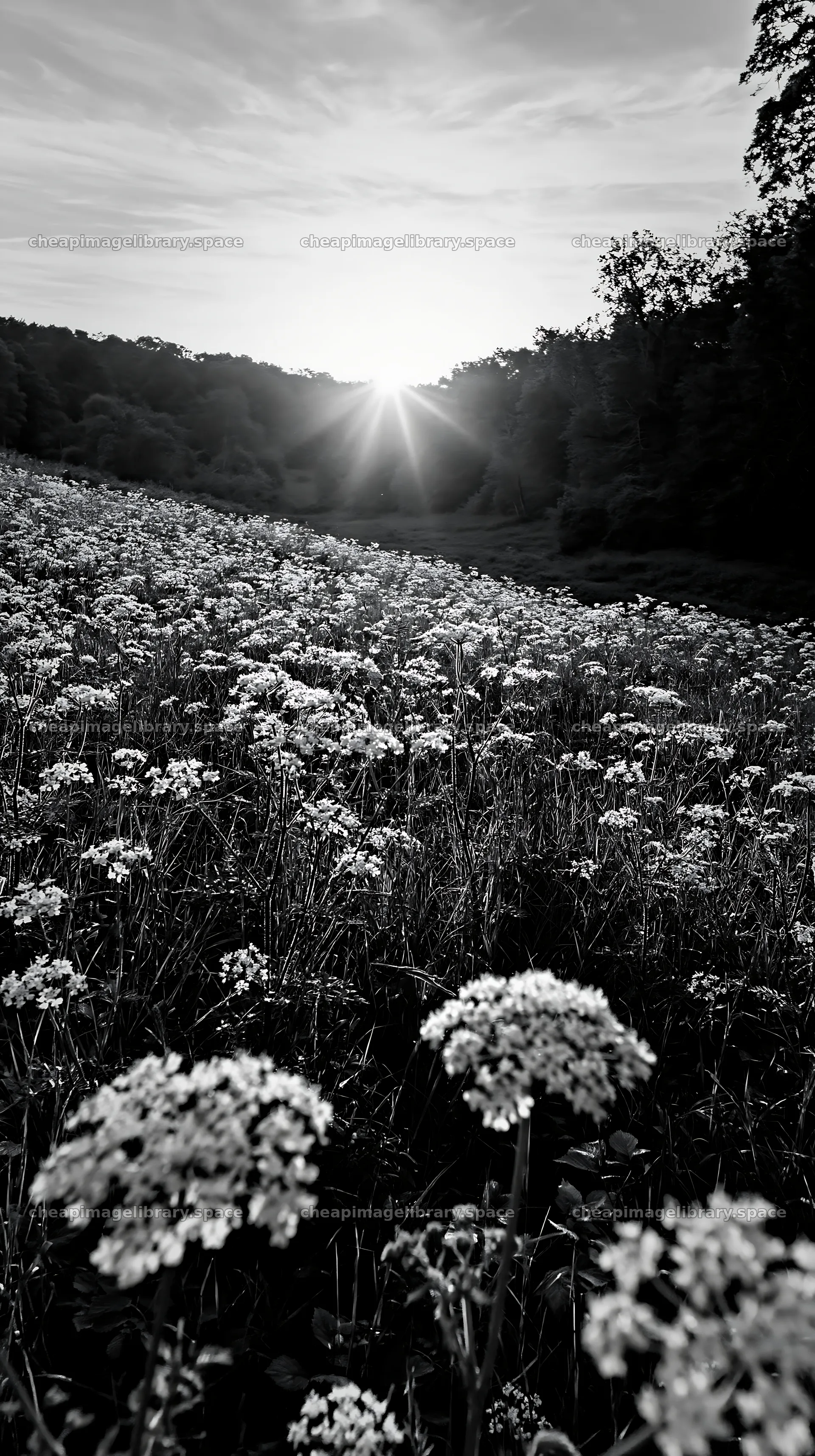 Cow parsley meadow at sunset in black and white – image library 5938x10608