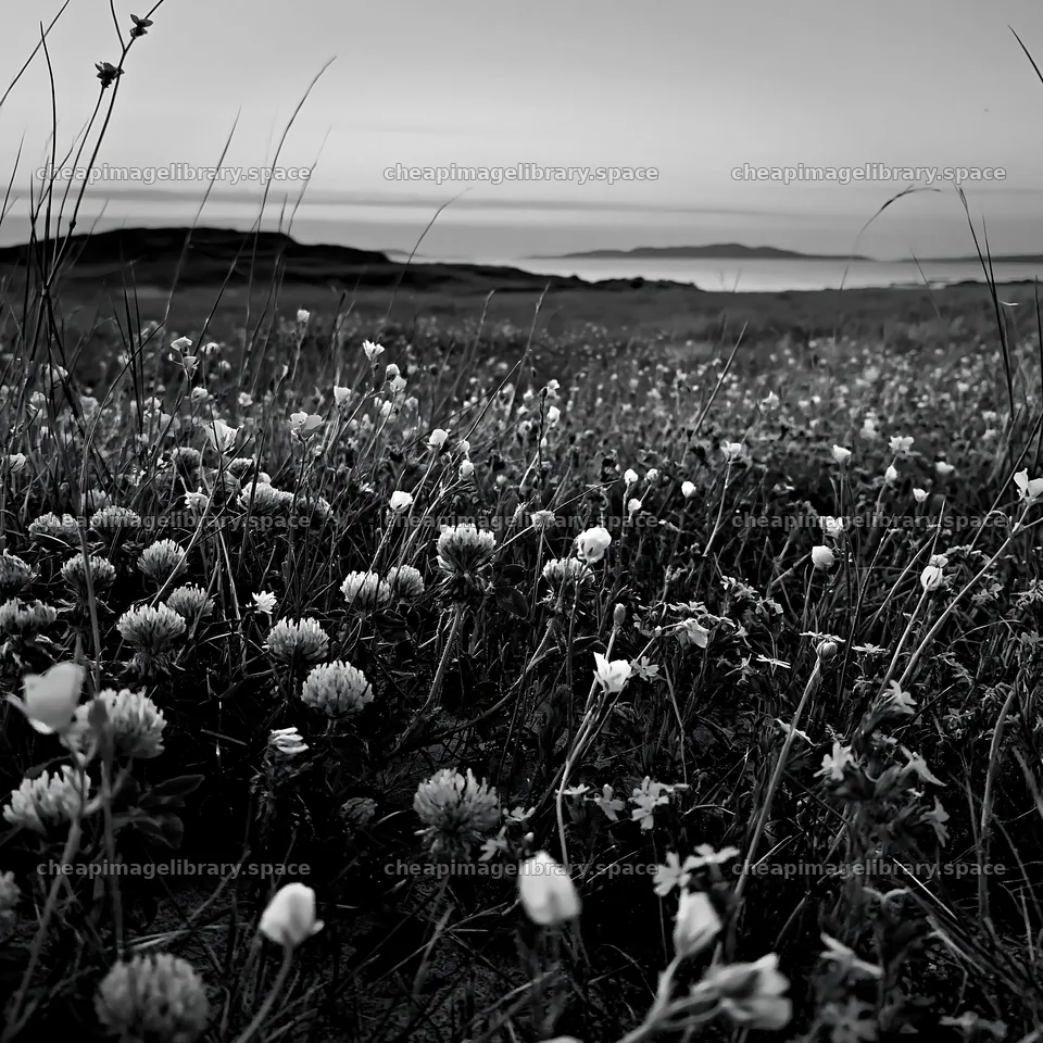Regenerative meadow with wildflowers and grass in black and white – image library 7938x7938