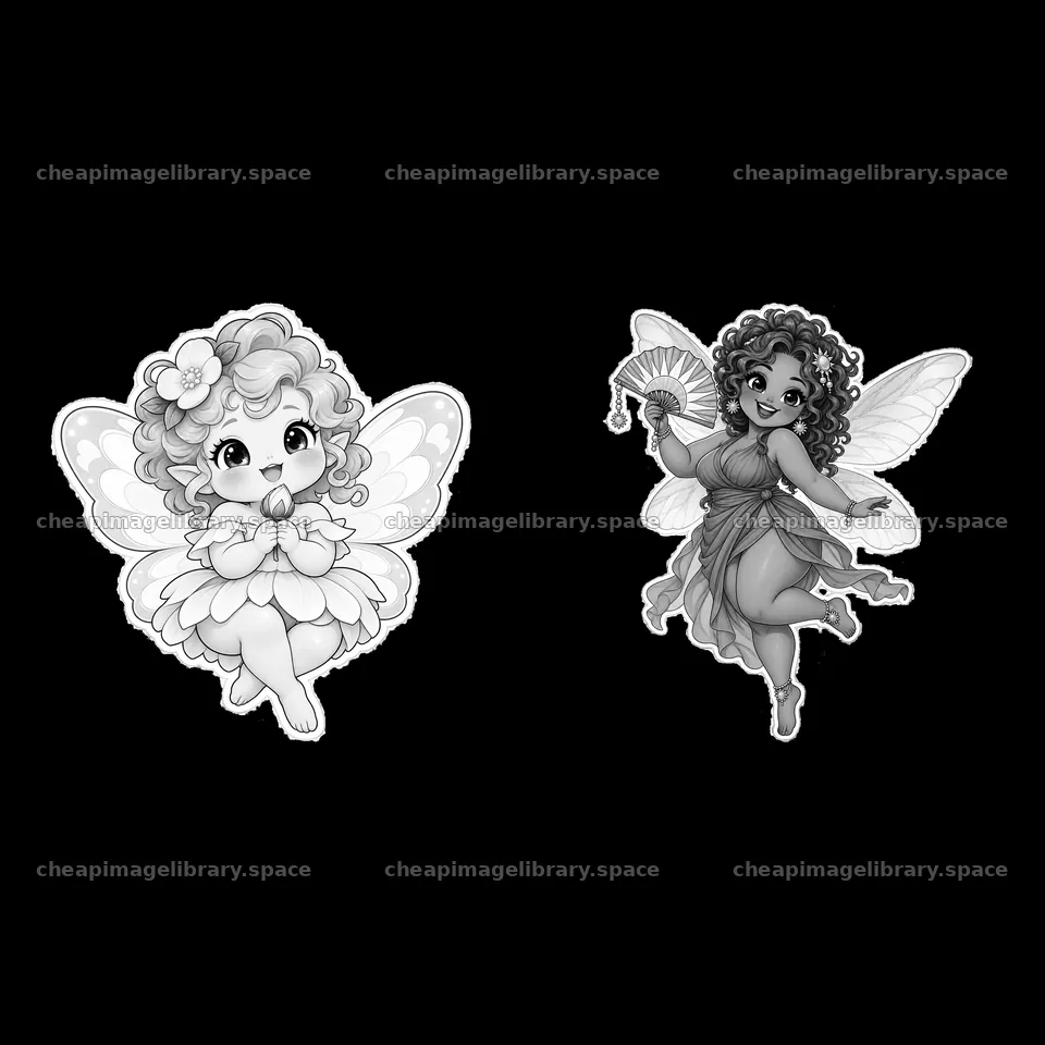 Kawaii chubby fairies with wings and accessories in monochrome – image library 7746x7746