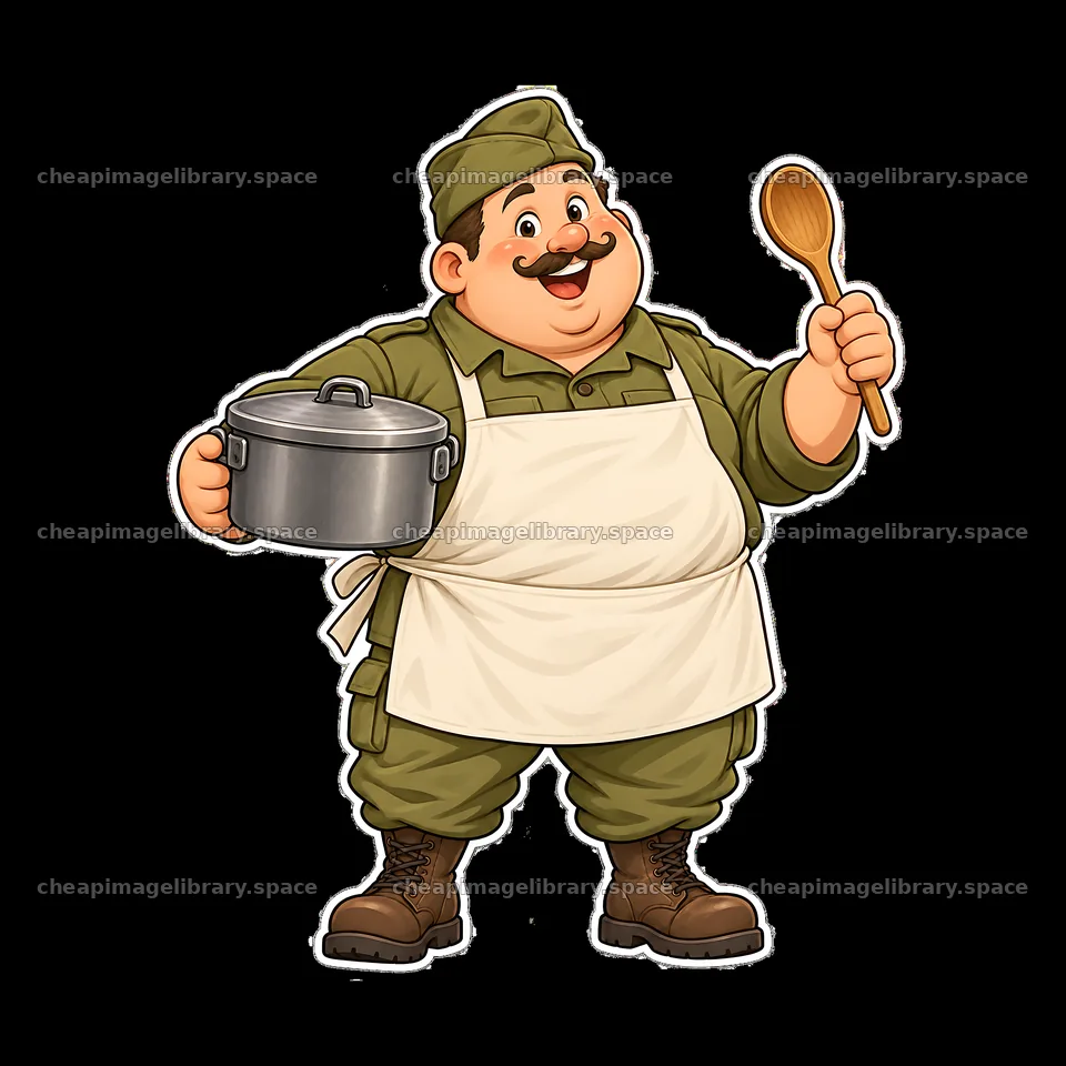 Chubby soldier chef holding a pot and wooden spoon – image library 7746x7746