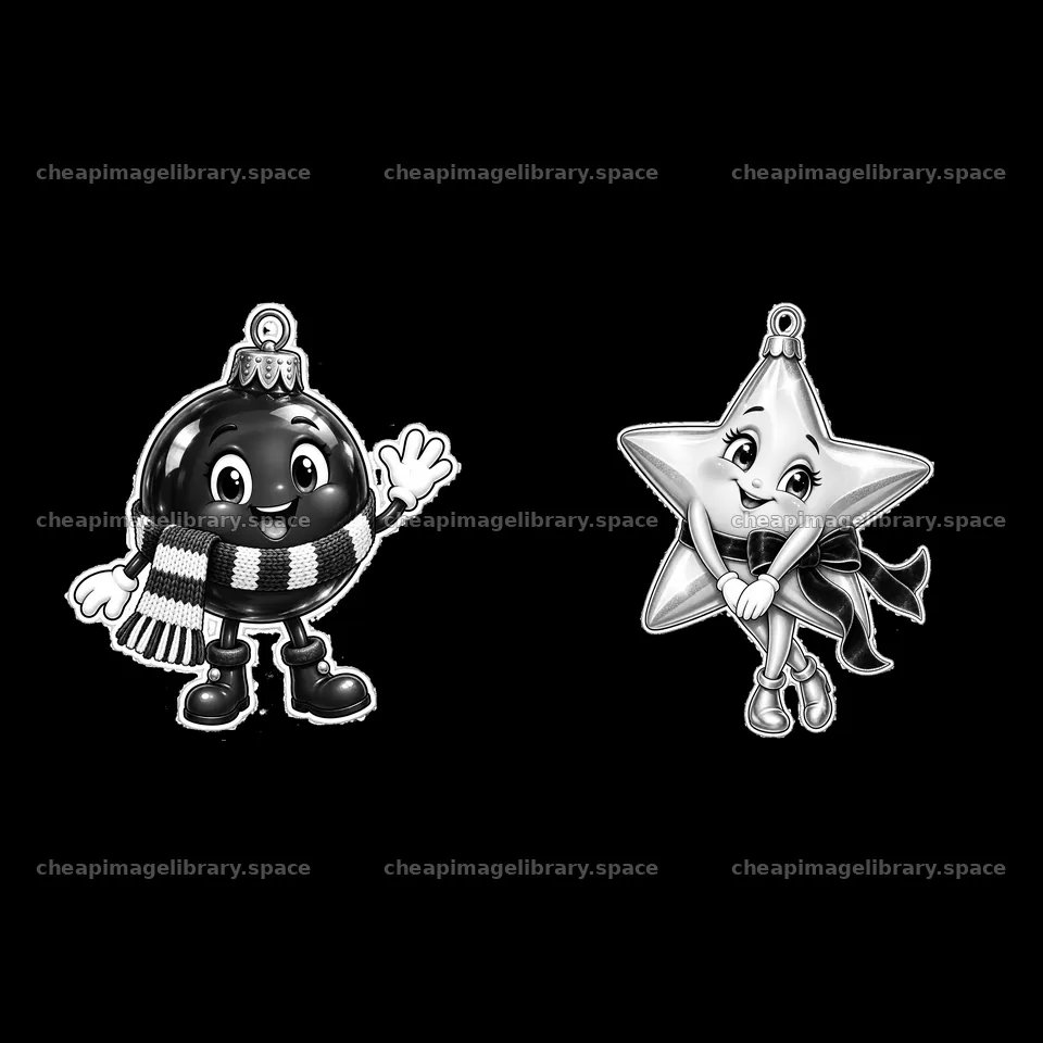 Black and white cartoon Christmas ornaments with character designs – image library 7746x7746