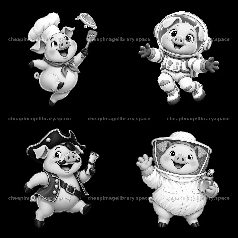 Four cartoon pigs in various costumes and playful poses – image library 7746x7746