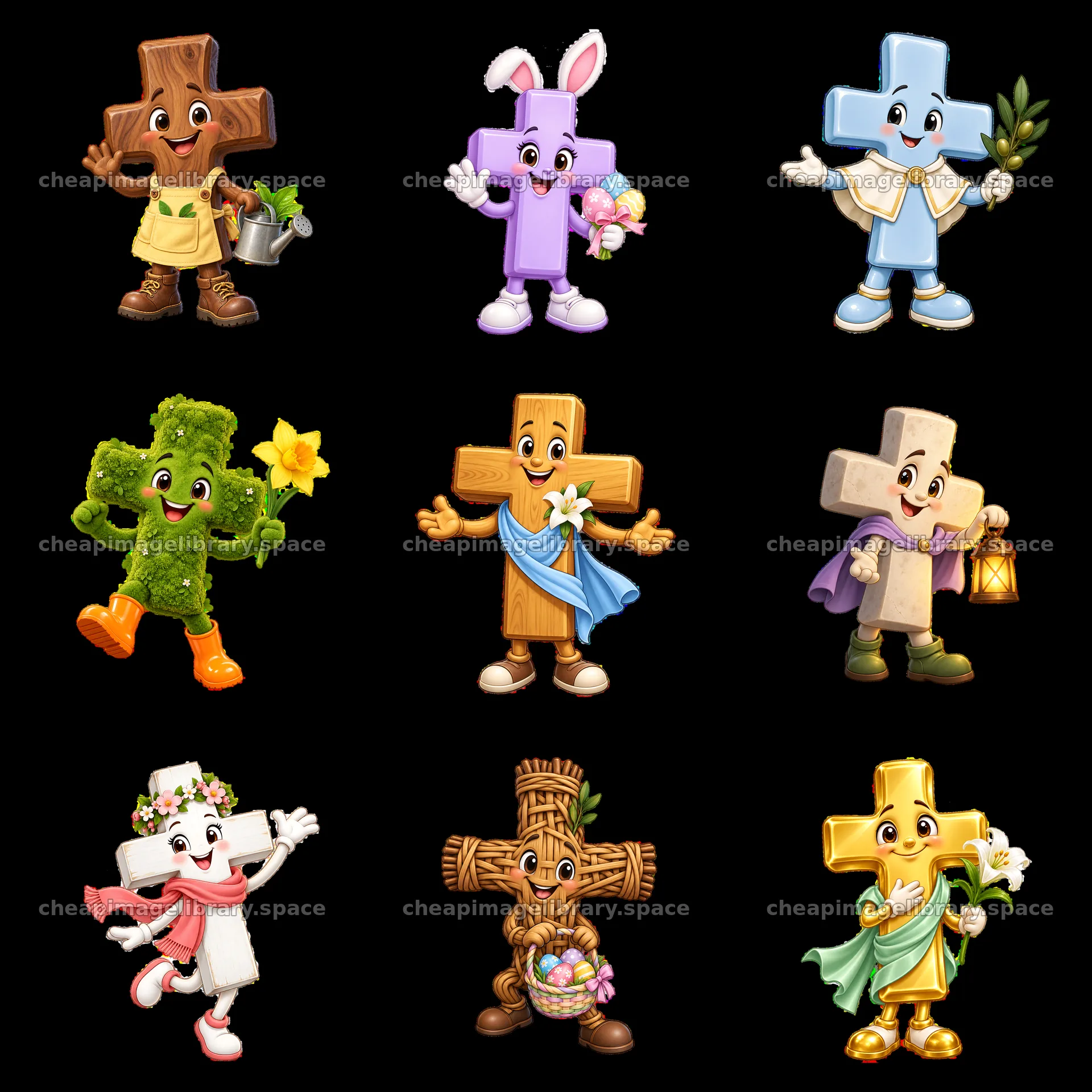 Easter cross cartoon characters in fun actions and poses – image library 7746x7746