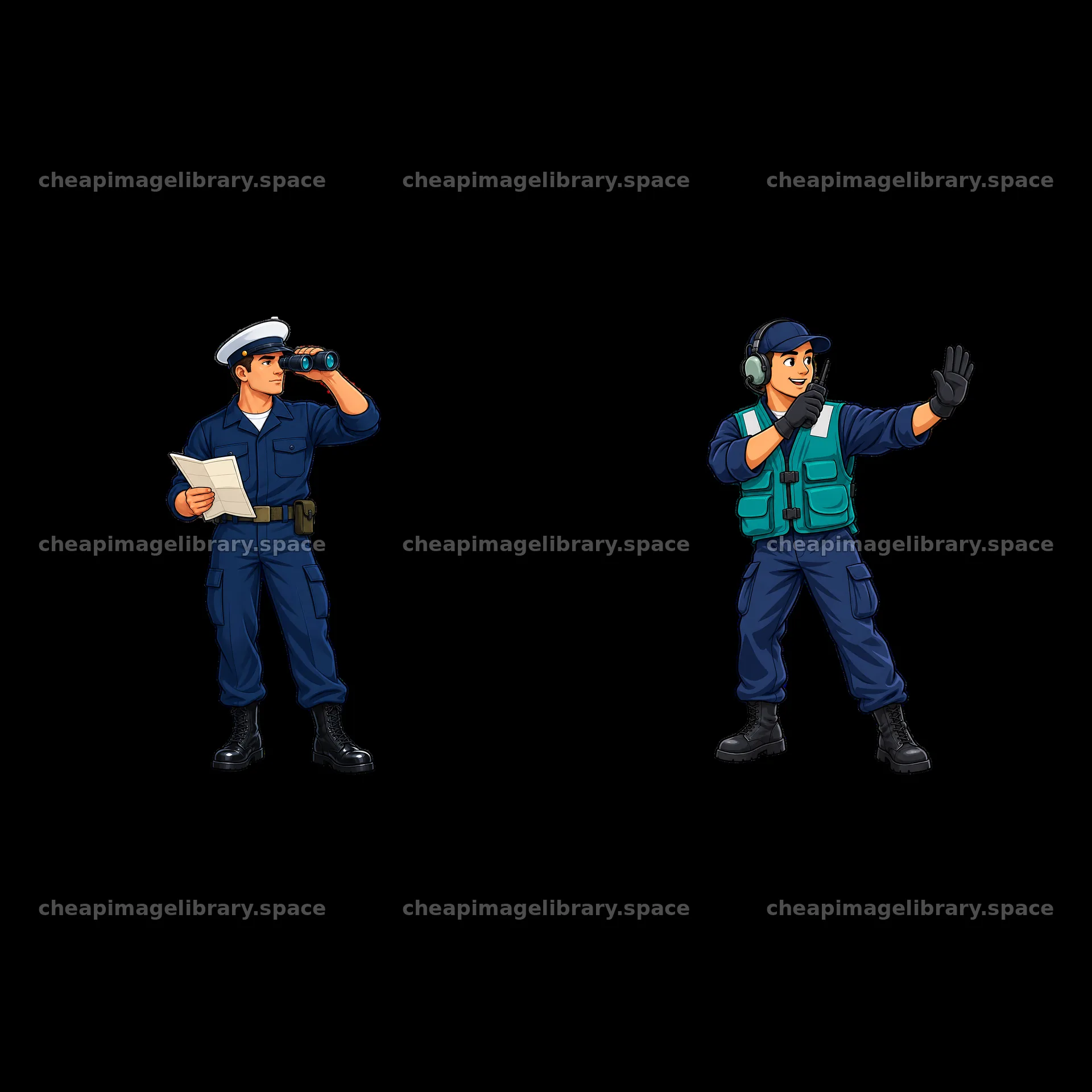 Two cartoon characters on an aircraft carrier, one observing – image library 7746x7746