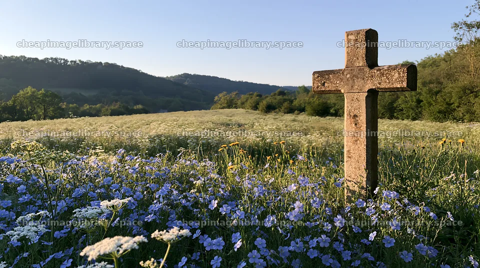 Christian cross in a meadow with wildflowers at morning – image library 10608x5938