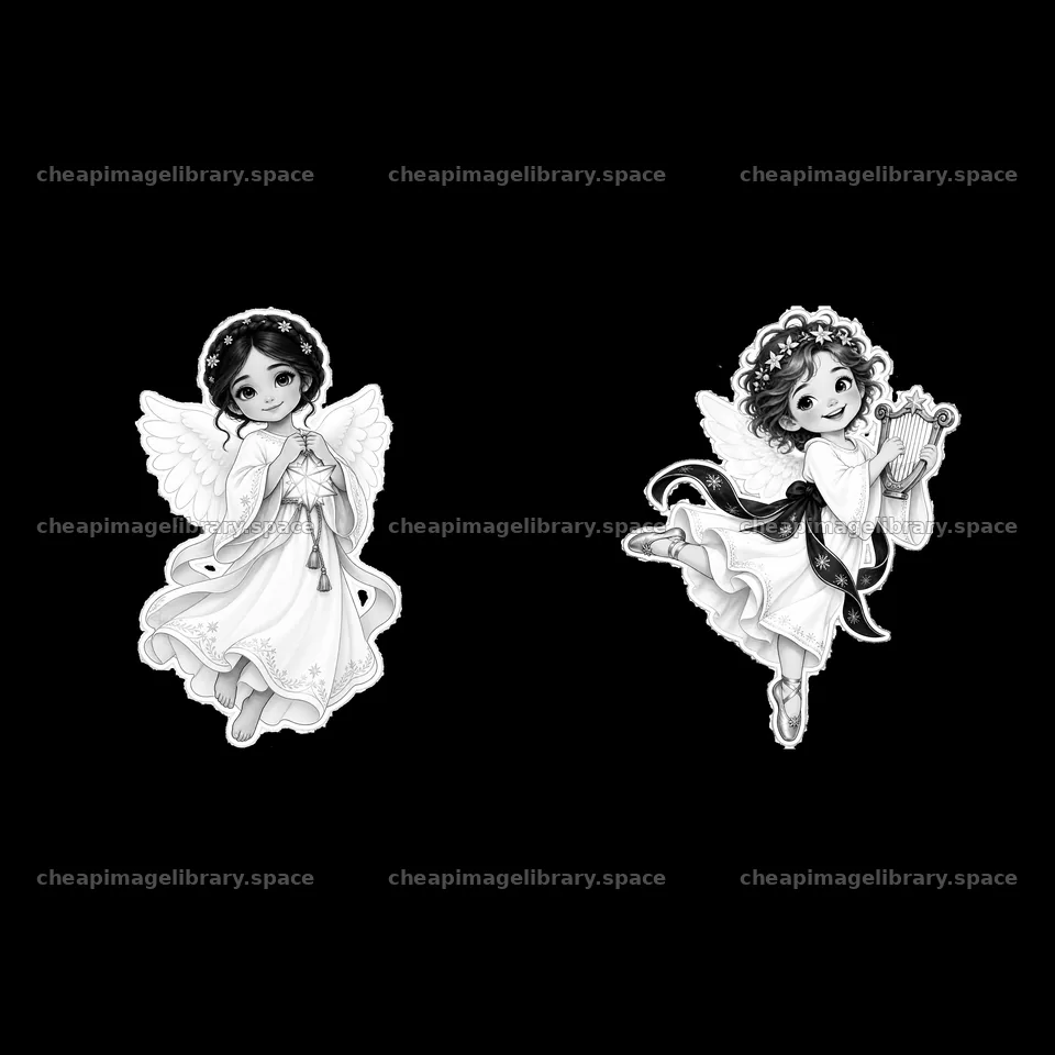 Christ Child delivering gifts with angelic companions in monochrome – image library 7746x7746