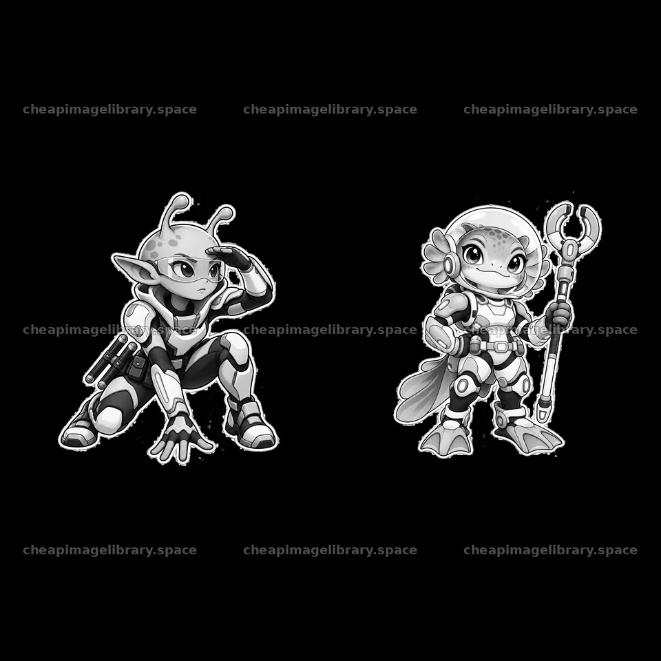 Futuristic kawaii super-soldier duo with accessories – image library 7746x7746
