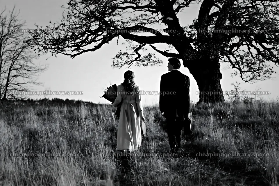 Couple walking in meadow near tree during sunset – image library 9722x6480