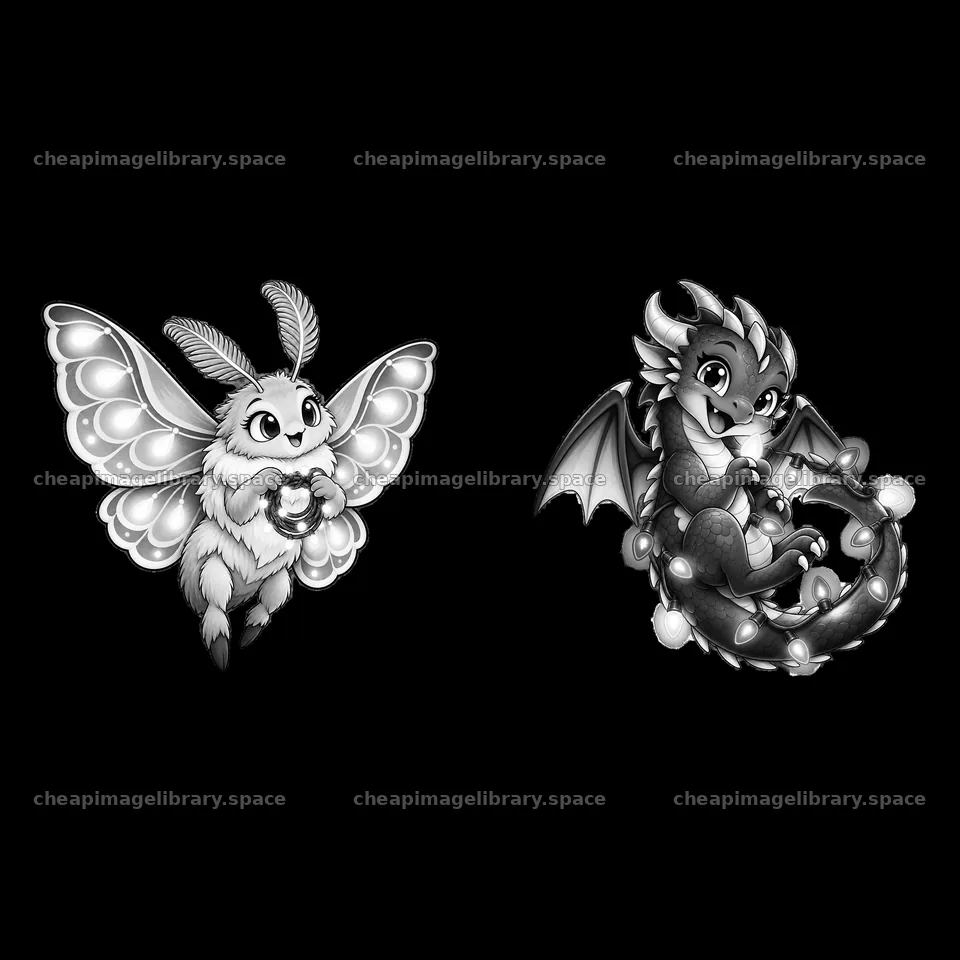 Cartoon creatures with string lights in black and white – image library 7746x7746