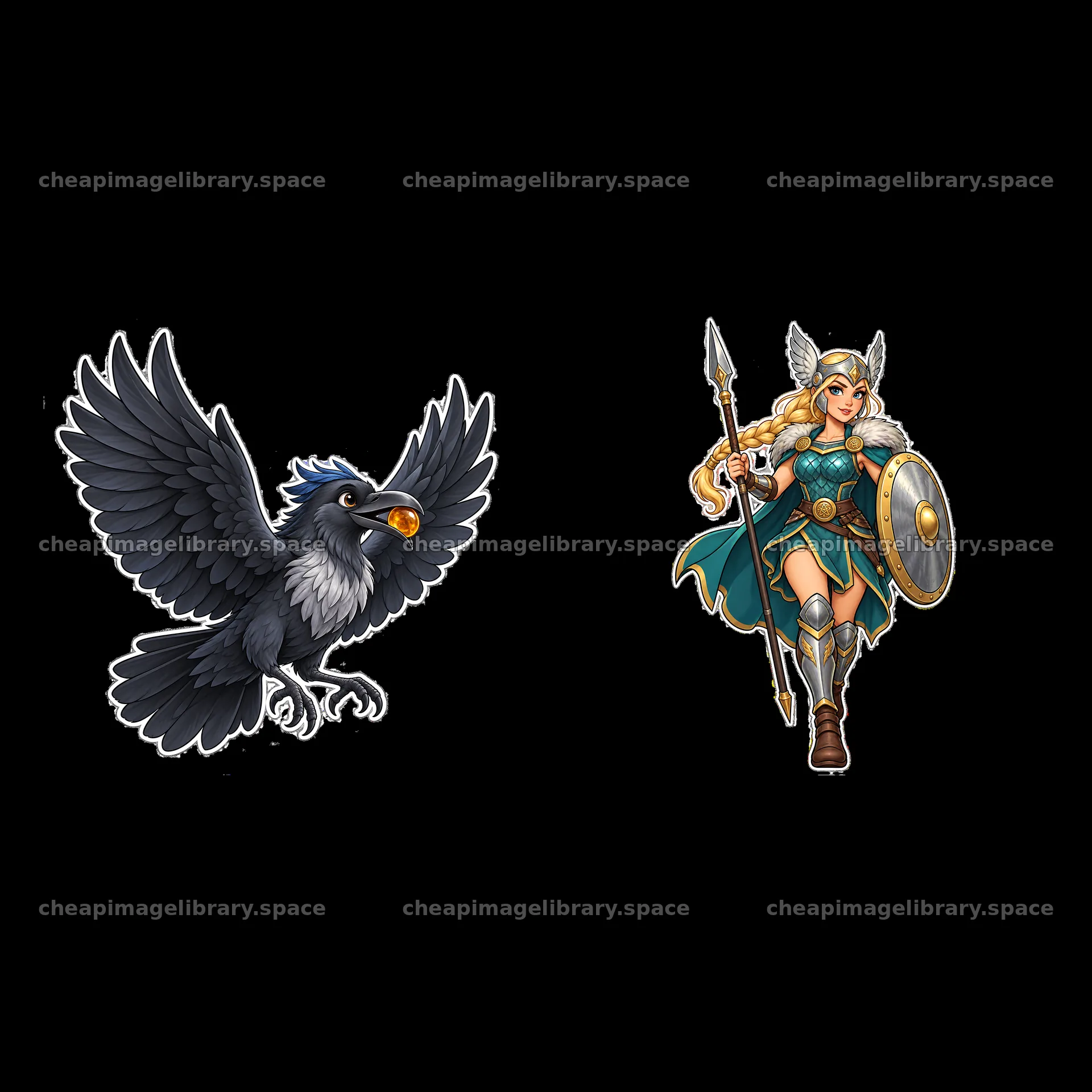 Odin's companion and Valkyrie in cartoon sticker format – image library 7746x7746