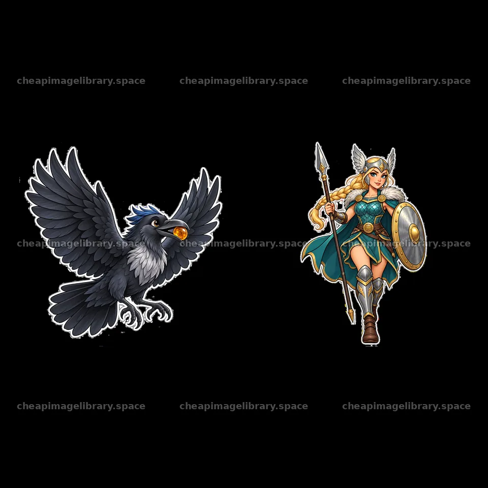 Odin's companion and Valkyrie in cartoon sticker format – image library 7746x7746